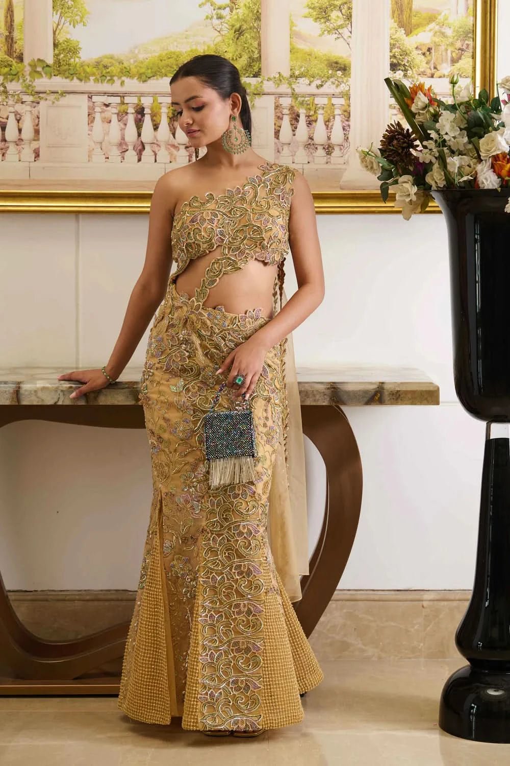 designer indian dress Zyra Saree by Moledro- Wear in Canada import:260129 Color:BLue Off Shoulder Light Blue