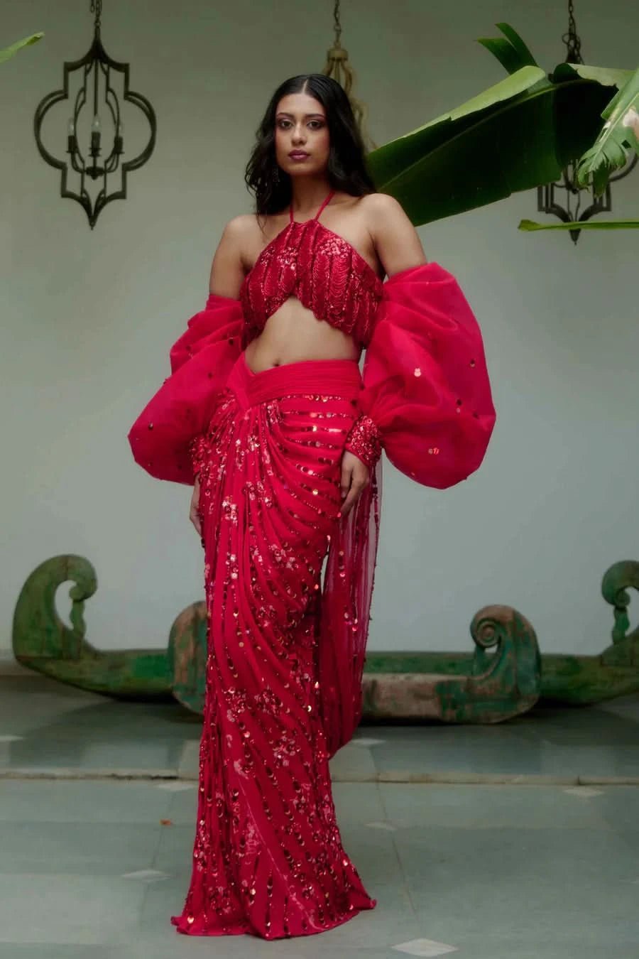 red stylish designer saree