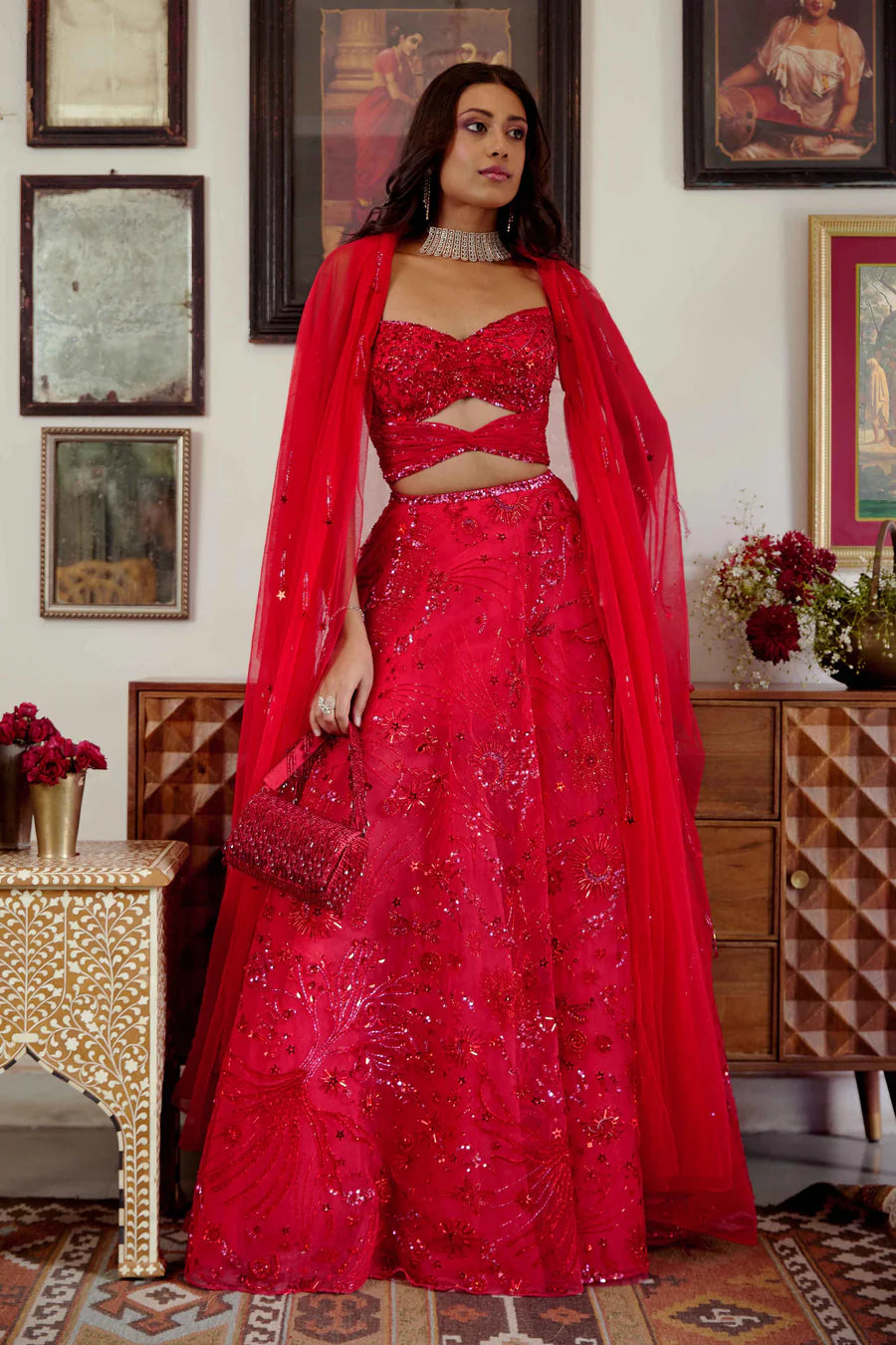 Tia Red Embroidery Lehenga