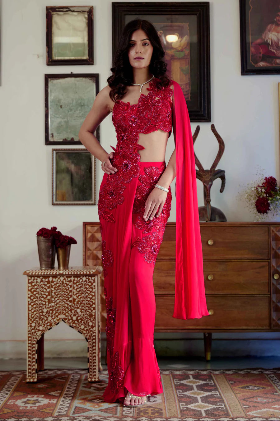 white christmas dresses Buy Elara Saree - Desinger Red One-Shoulder Draped Wedding Saree for Luxury  Dubai Weddings