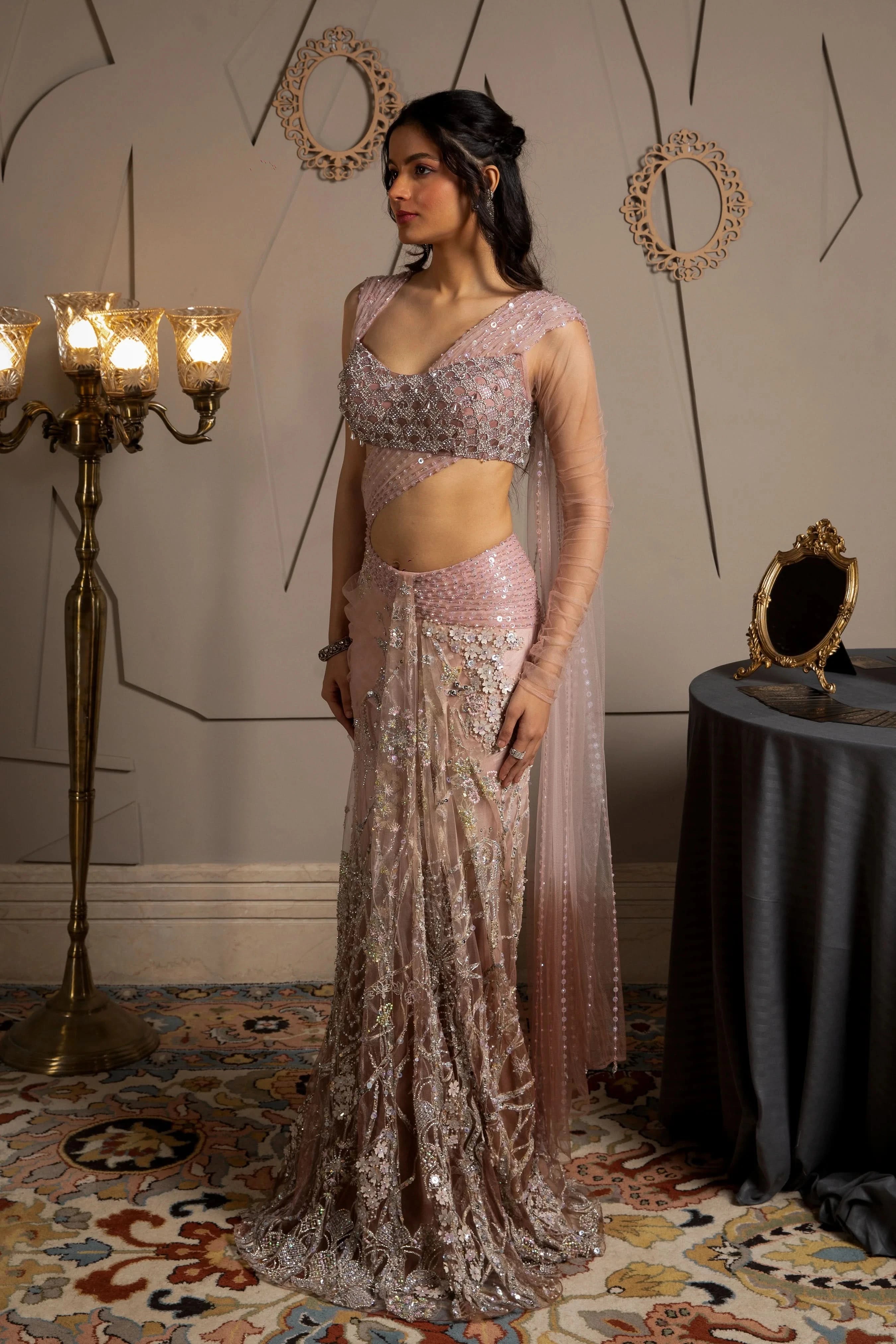 Lumina net dupatta with embroidered designer saree