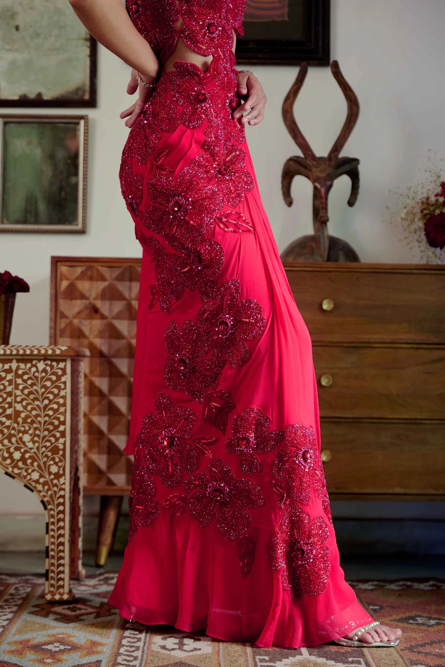 red evening designer saree collection