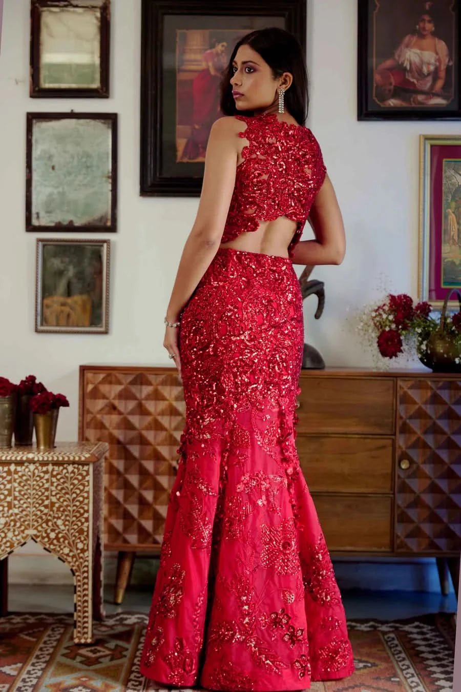 red mermaid lehenga set for women