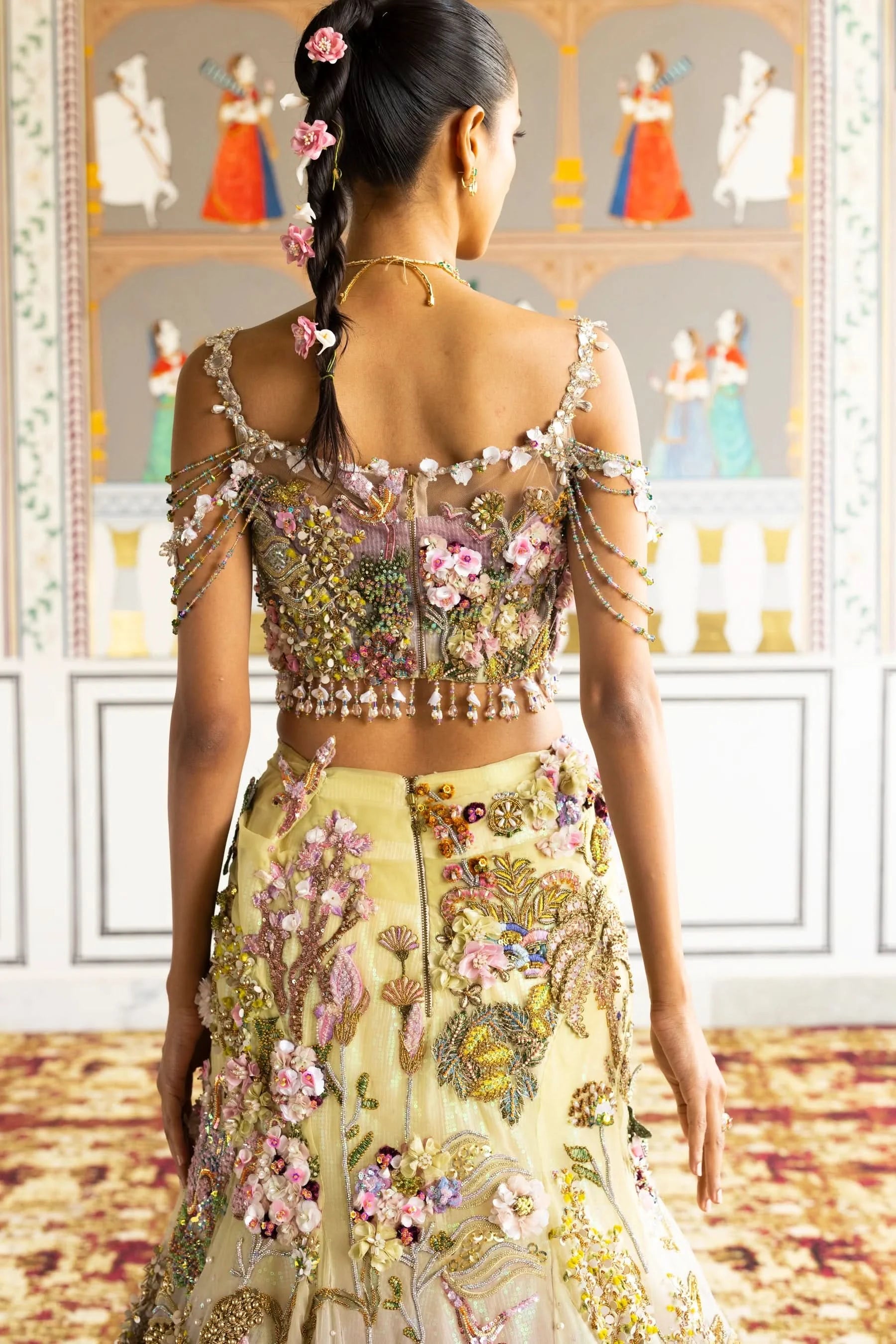 Lime and Lilac color embroidered Lehenga