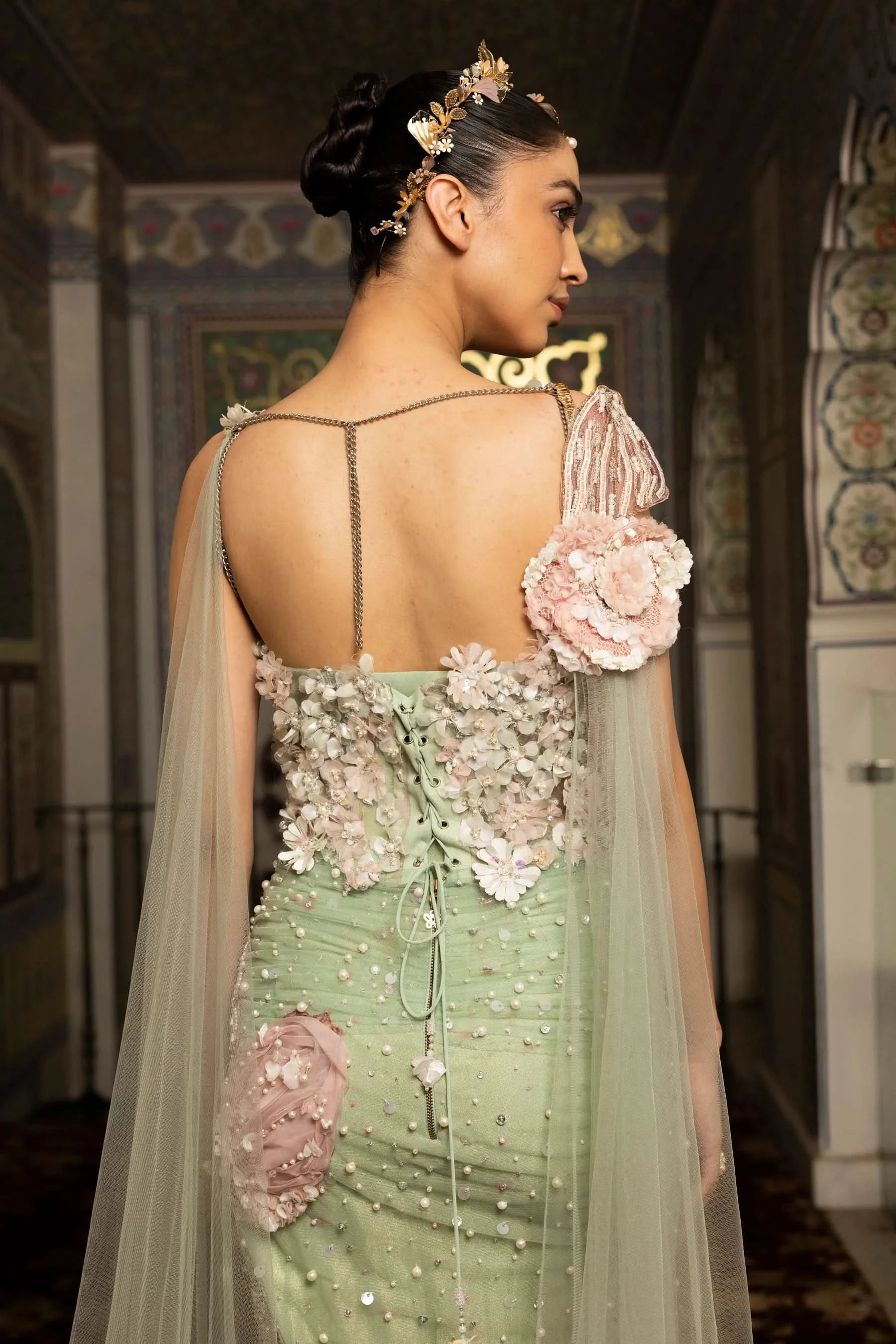 Mint and Pink Pre-Draped Gown back design