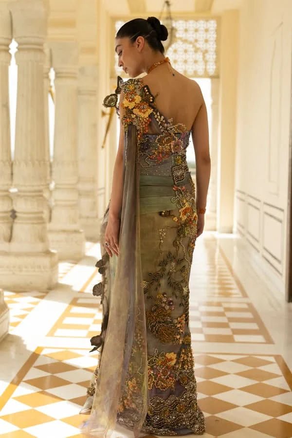 Lime-Lilac Pre-Draped Saree back design by Moledro