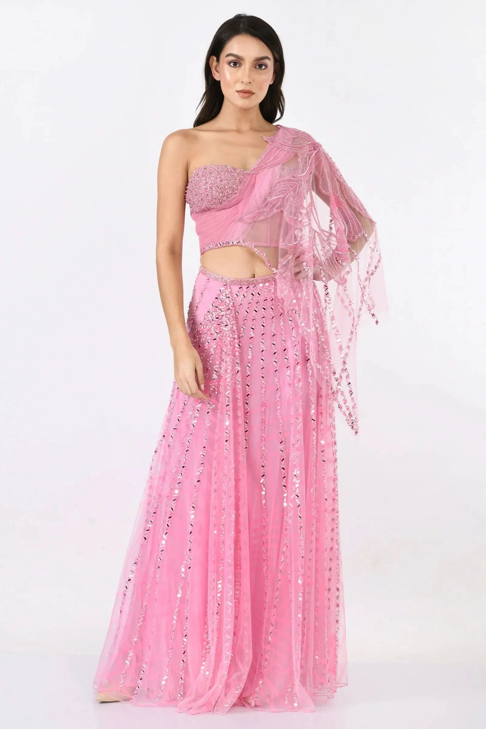 pre draped pink color saree