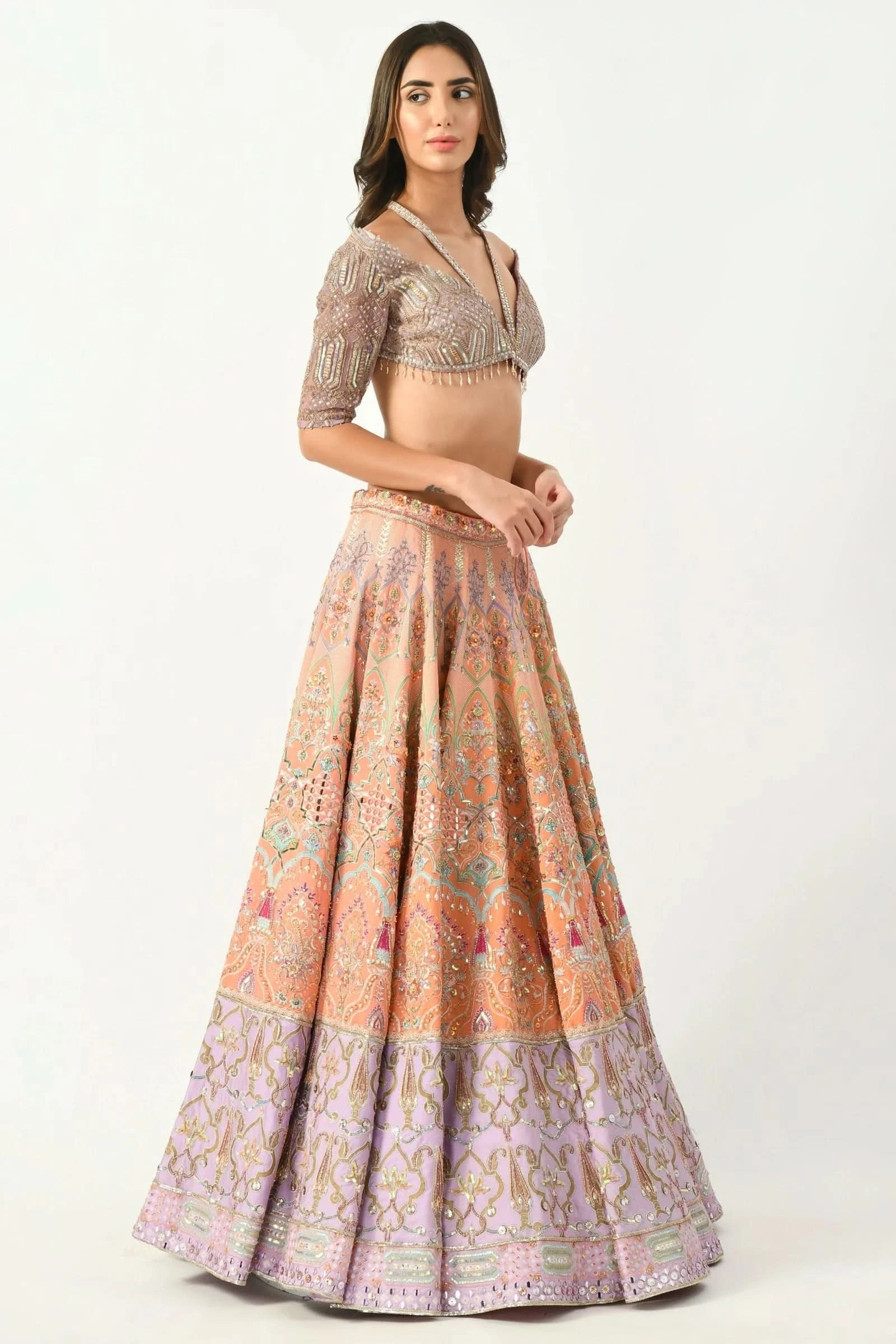 Peach and Levendor stylish lehenga dress