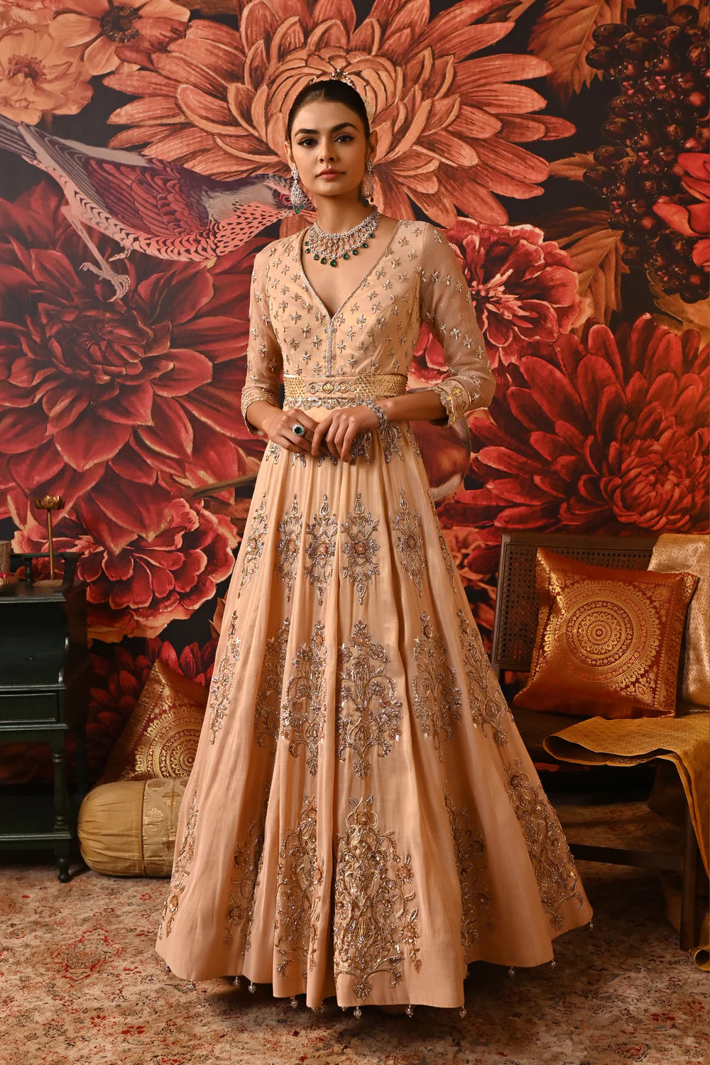 sachin and babi light blue dress Red Gold Brocade Horse Face Skirt Set main image 0