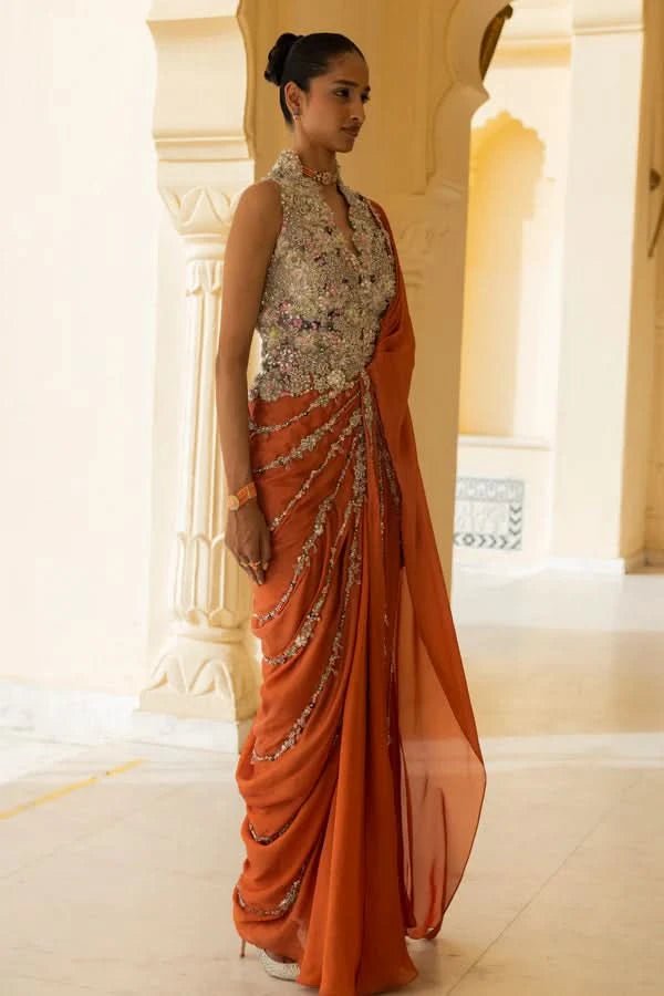 Coral saree dress