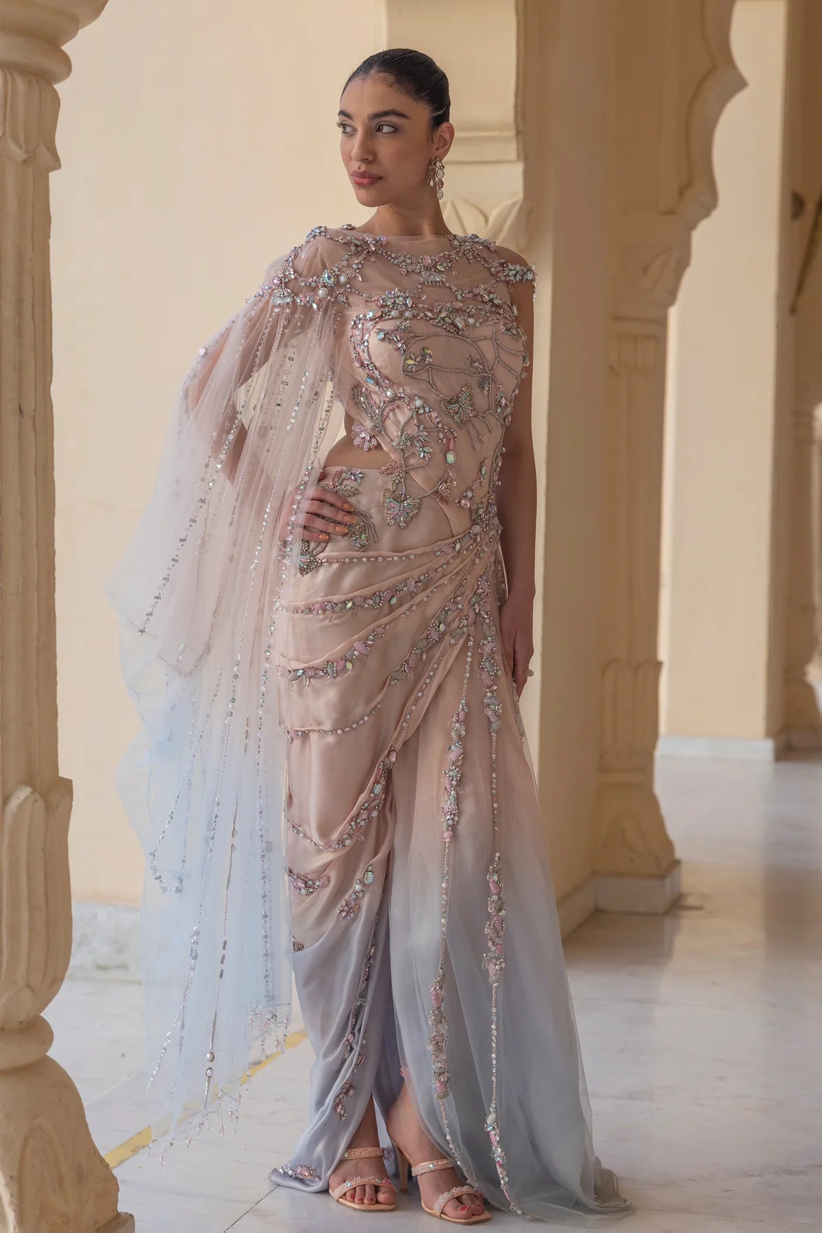 Pink and Blue Pre-Draped Kaftan Gown