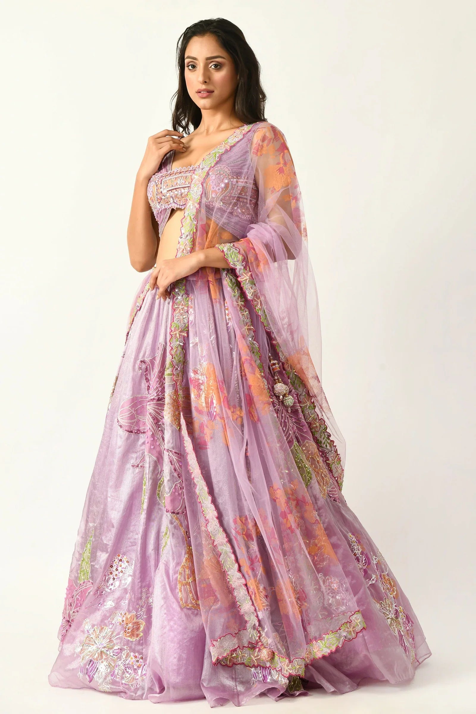 women purple lehenga with embroidery design