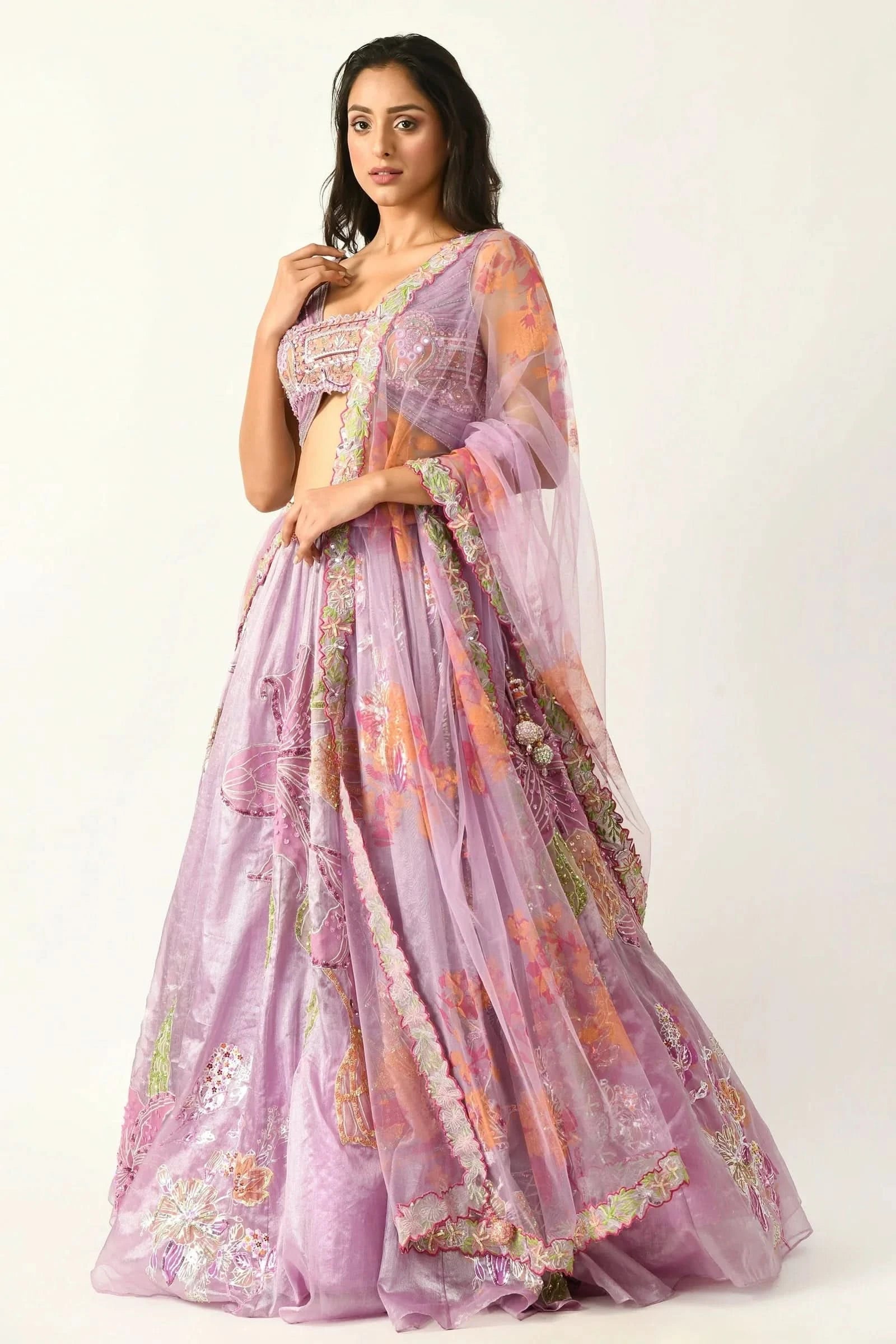 women purple lehenga with embroidery design