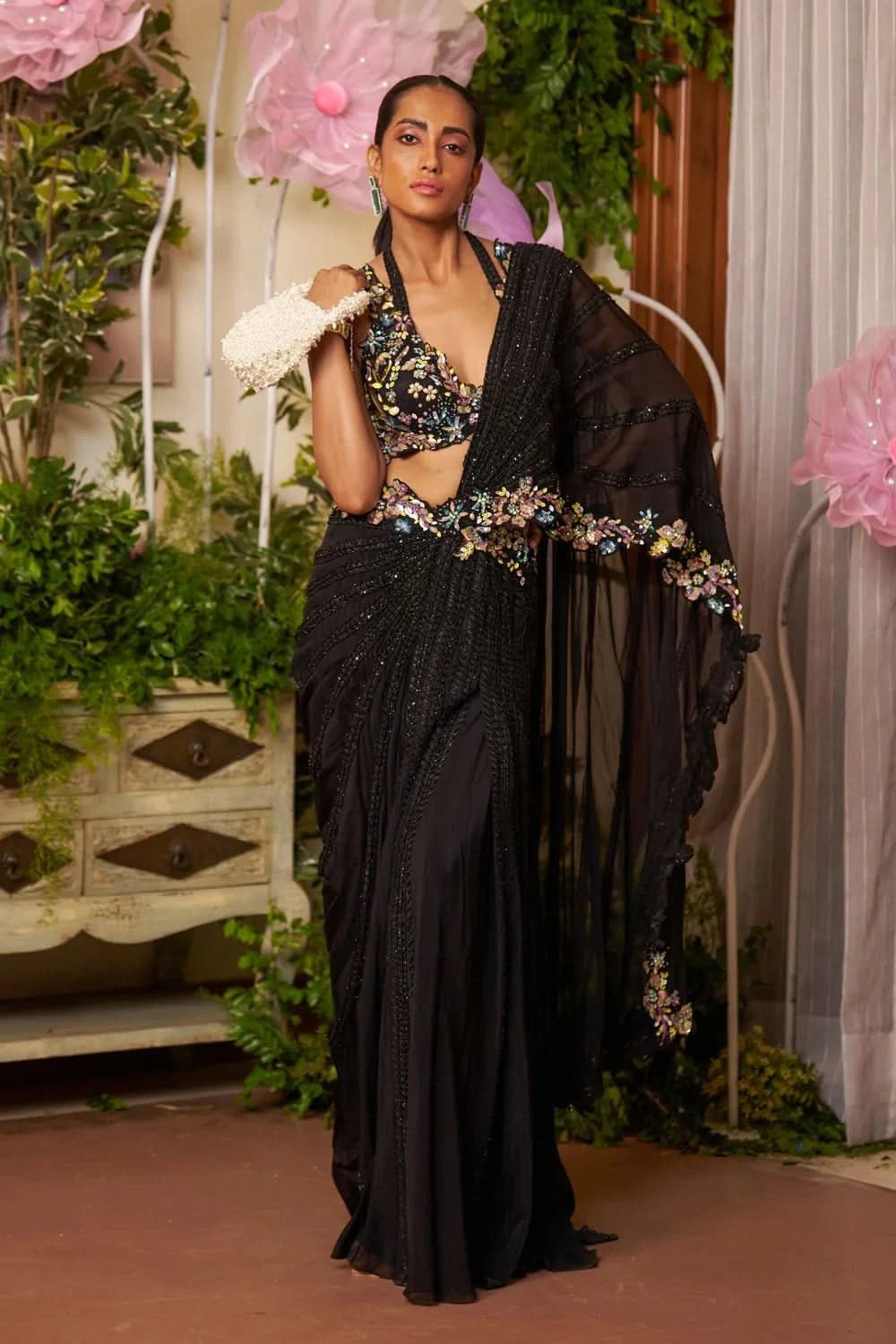 Black Pre drape floral saree