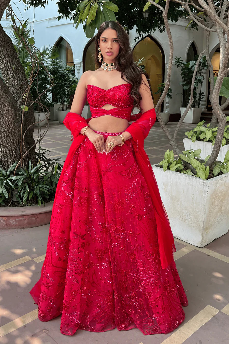 strapless open back dress Red Lehenga Set