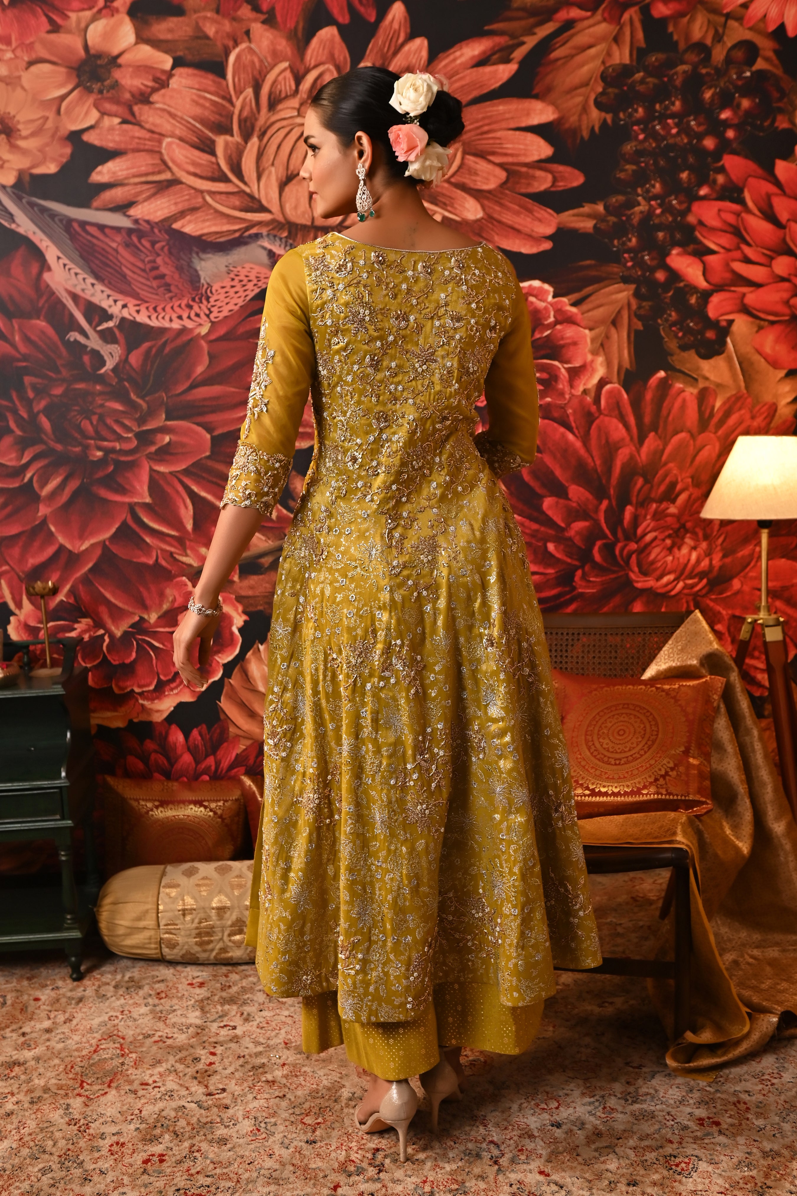 Back profile of the Arisha Kurta Set showcasing the elegant lime green side-slit Anarkali kurta, a perfect wedding wear designer outfit.