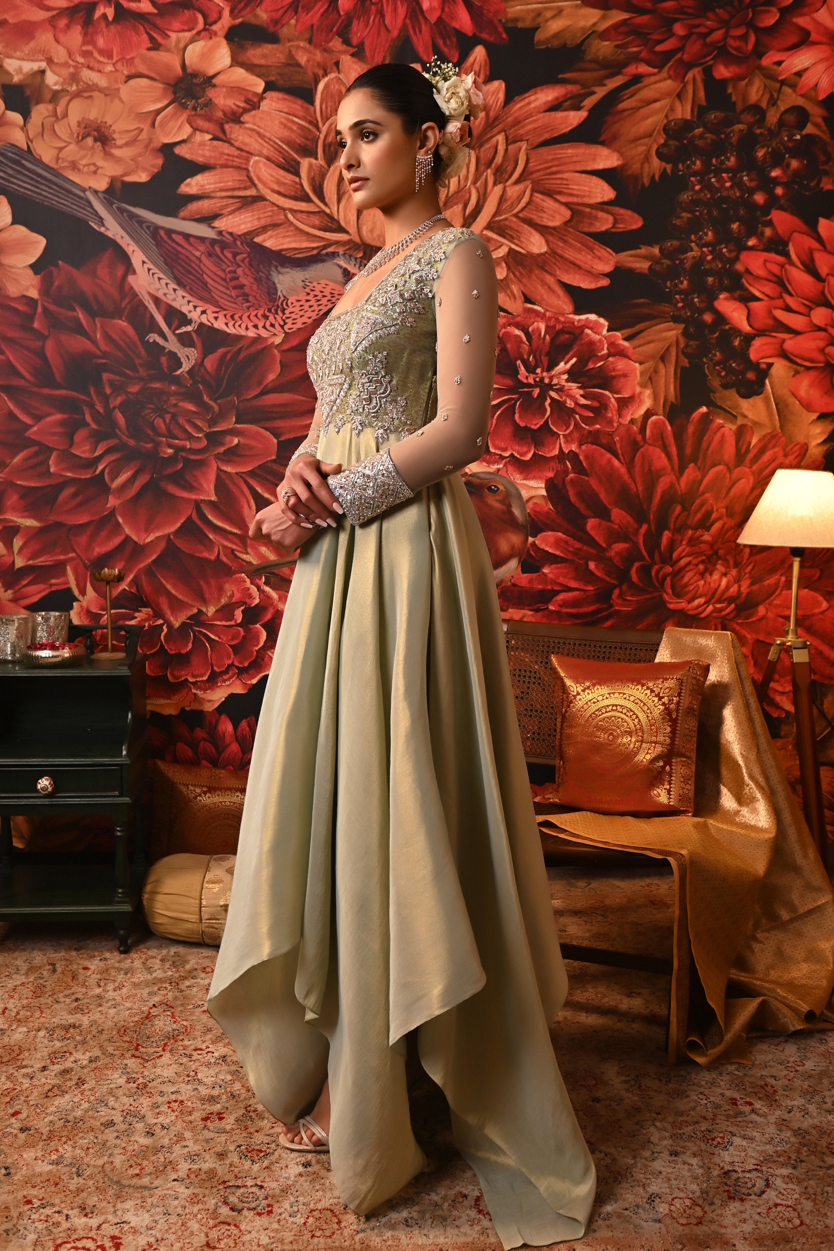 Full sleeves in butterfly net with hand embroidery at the cuffs, perfect for traditional wear in Dubai.