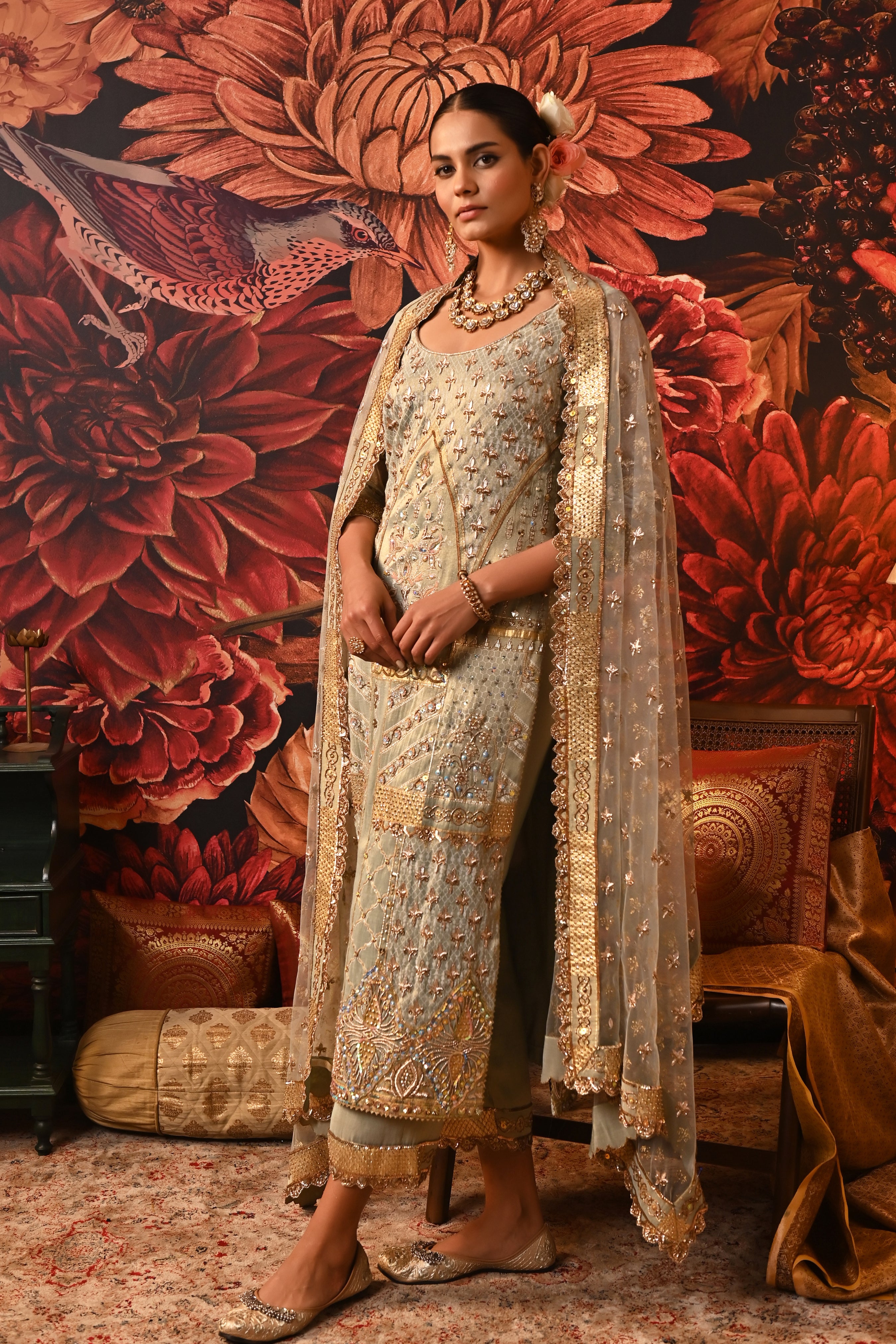 Hania Kurta Set by Moledro in pista green with gold foil prints, dabka embroidery, and multicolor beadwork, perfect for festive wear.