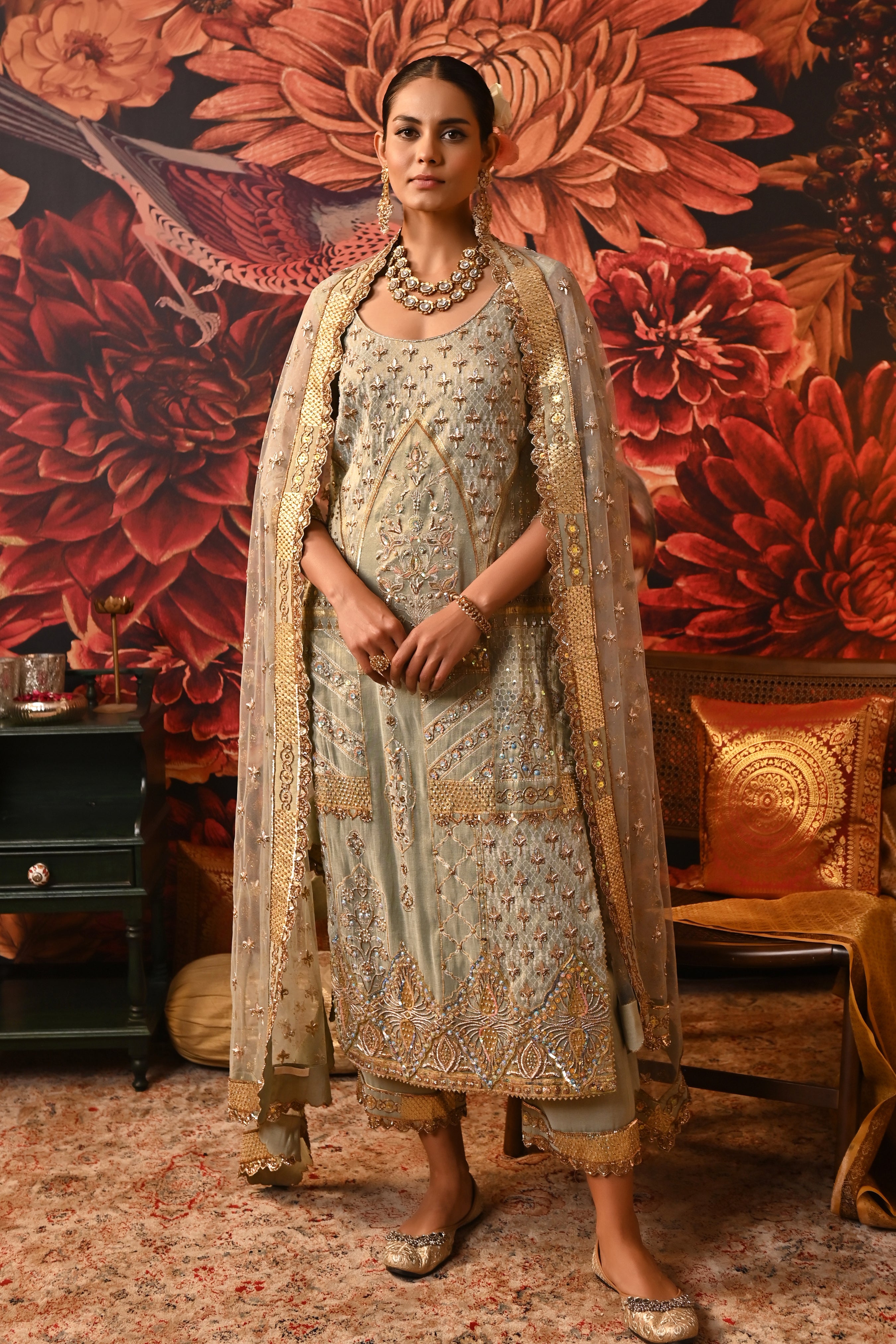 Complete Hania Kurta Set by Moledro featuring the kurta, pants, and dupatta, a sophisticated choice for weddings and celebrations.