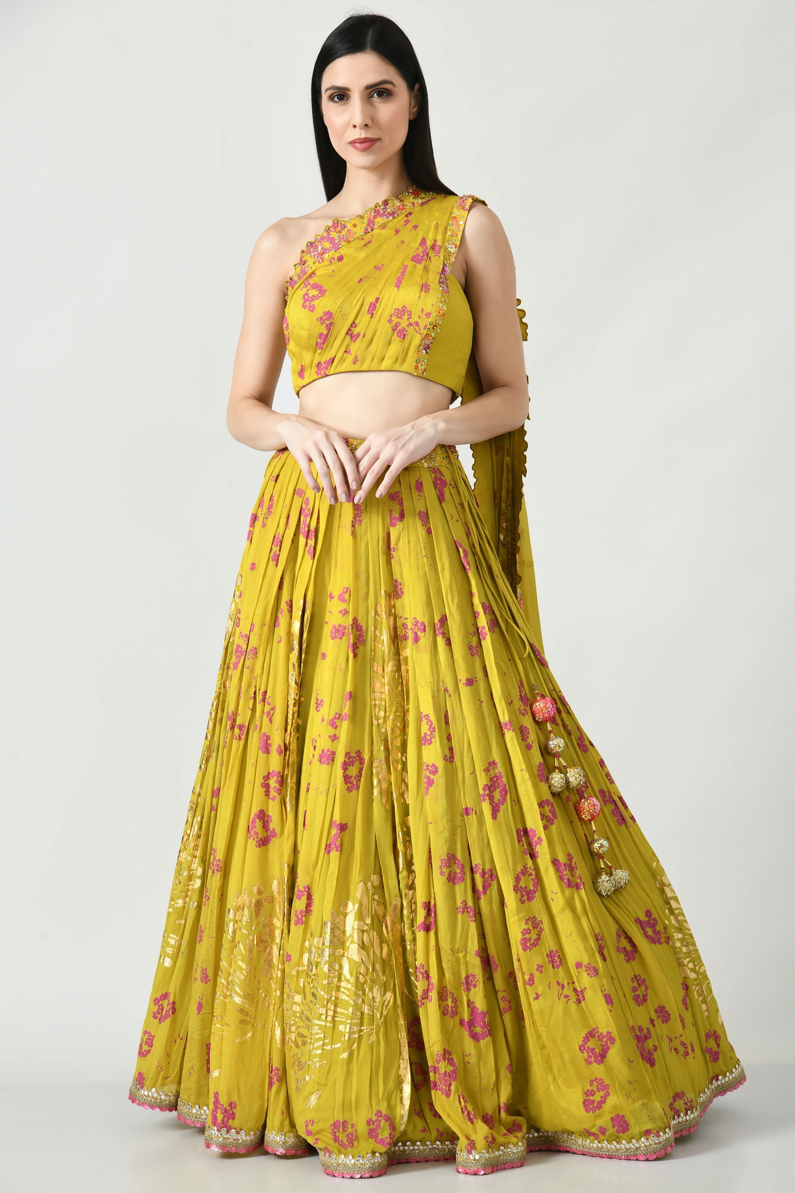 Humaira designer lehenga with one shoulder blouse design