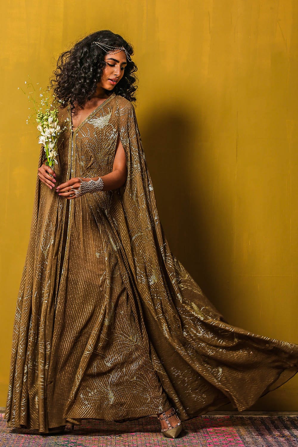 Noor Draped Kaftan with floral block prints and glitter accents on lightweight georgette fabric.