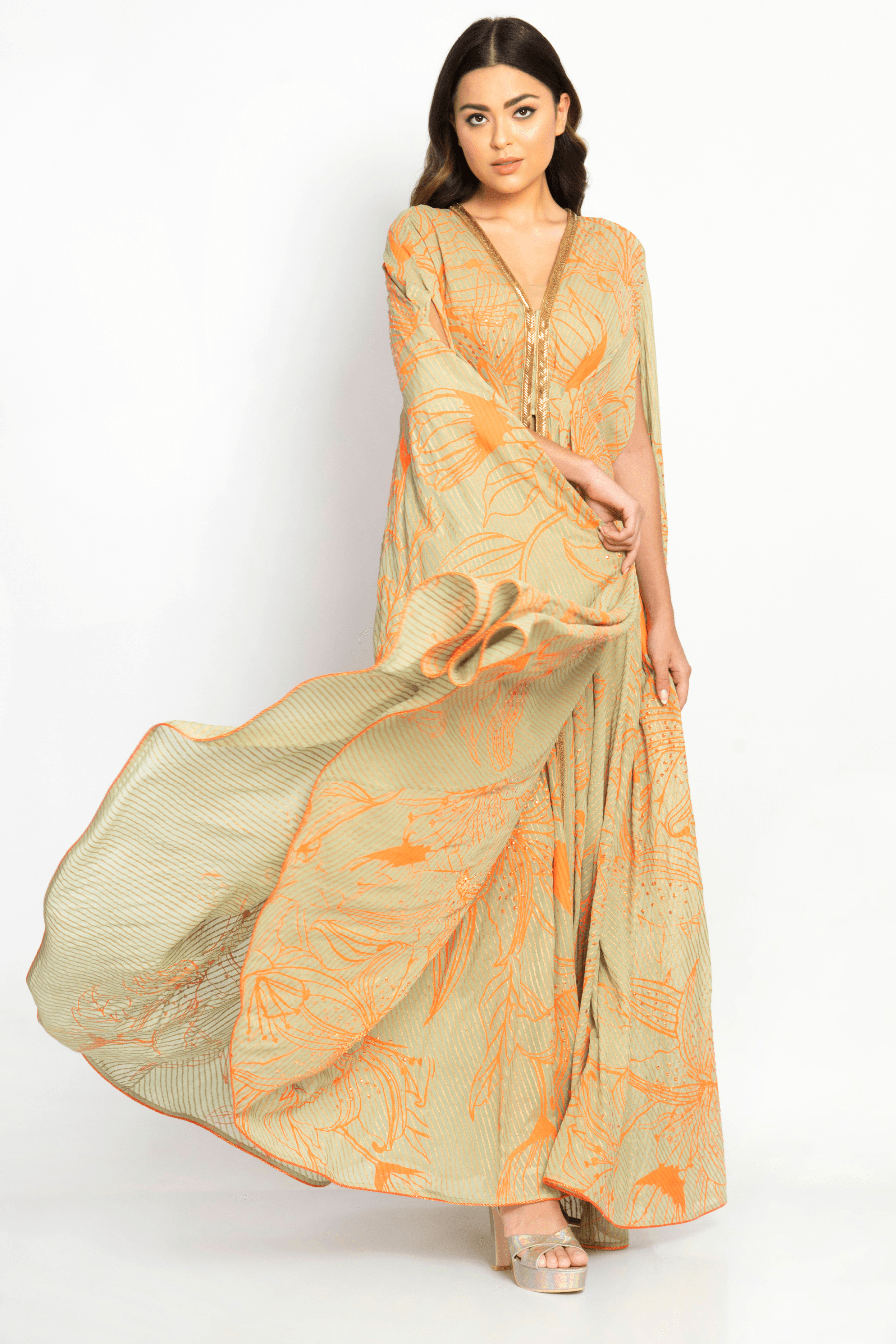 Noor Draped Kaftan offering a modern and comfortable outfit for celebrations.
