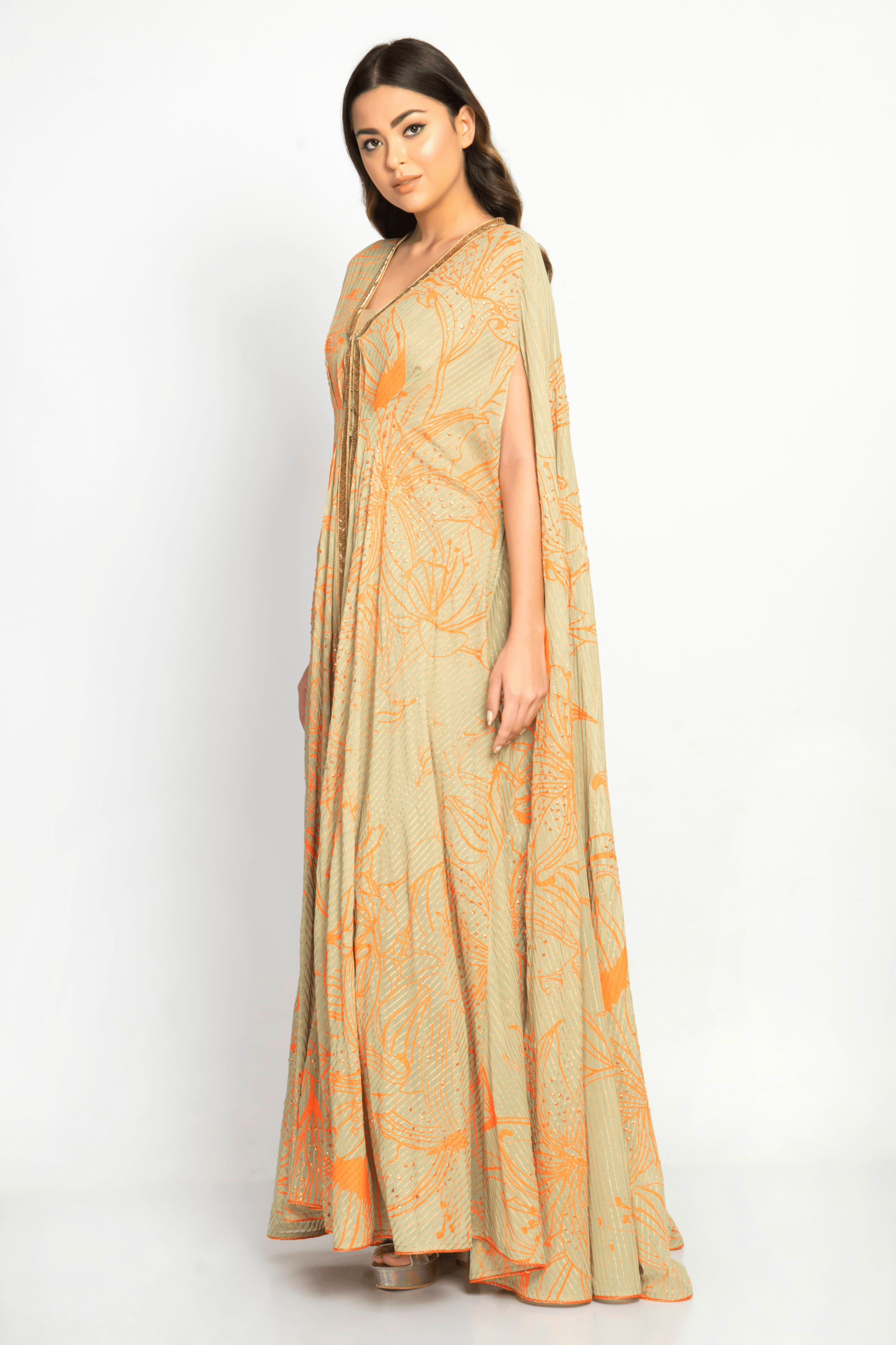 Noor Draped Kaftan with shimmering floral details and breezy georgette fabric.