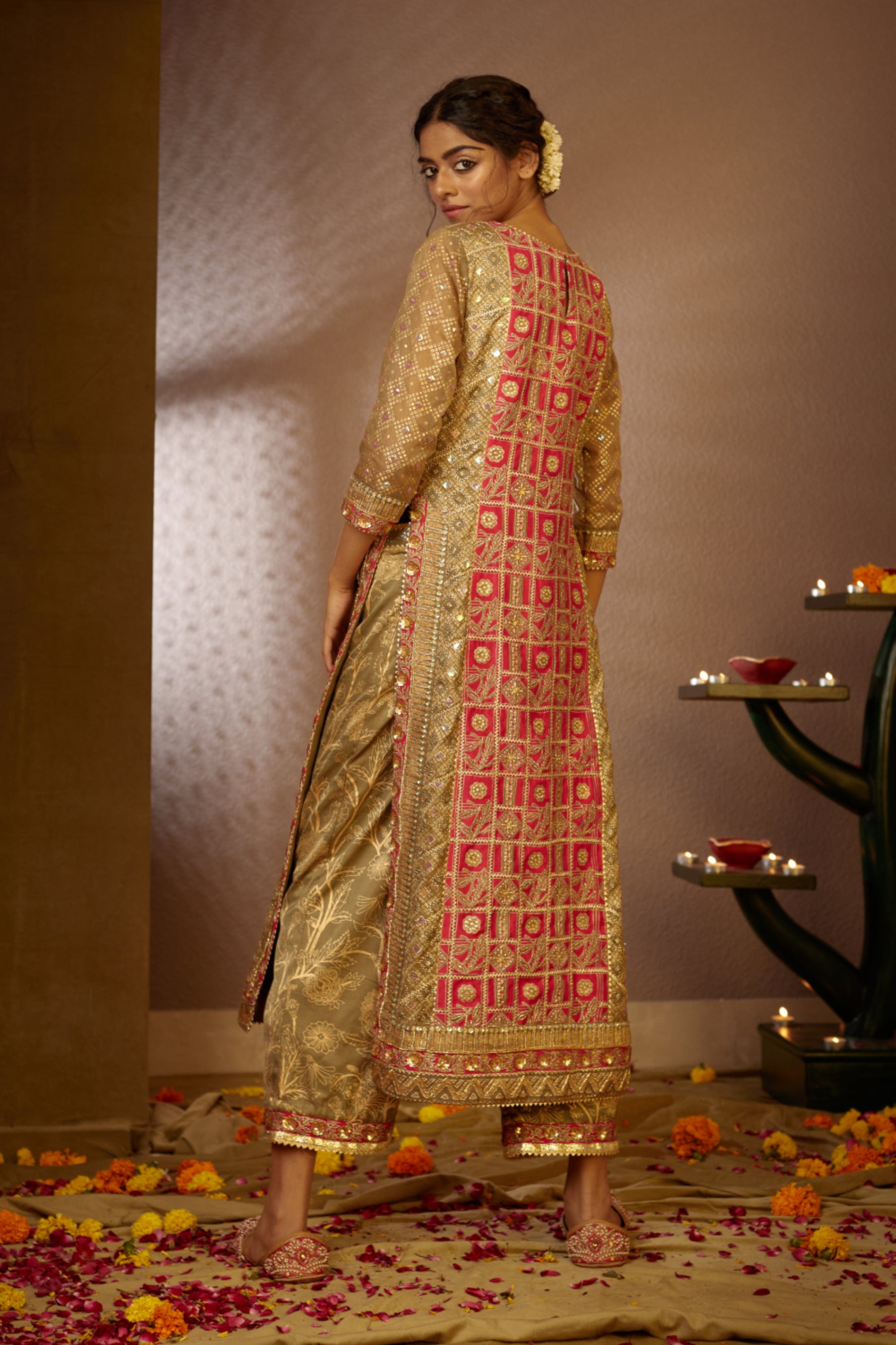 Rear angle of the Purvi Kurta Set showcasing its sleek design and vibrant color palette, perfect for festive occasions.