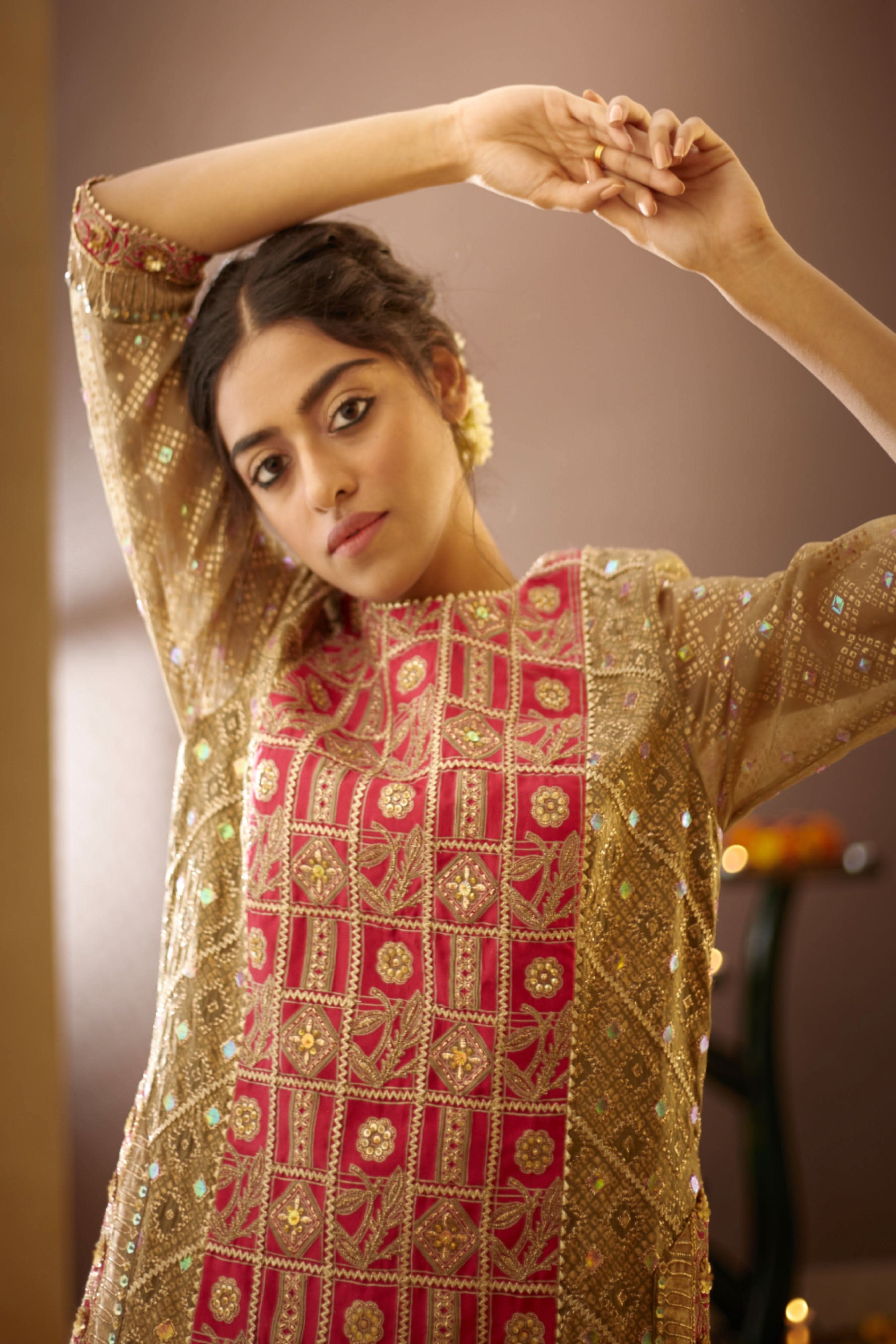Complete Purvi Kurta Set, a striking blend of bold hues, intricate detailing, and luxurious textures, perfect for global bridal and festive wear.