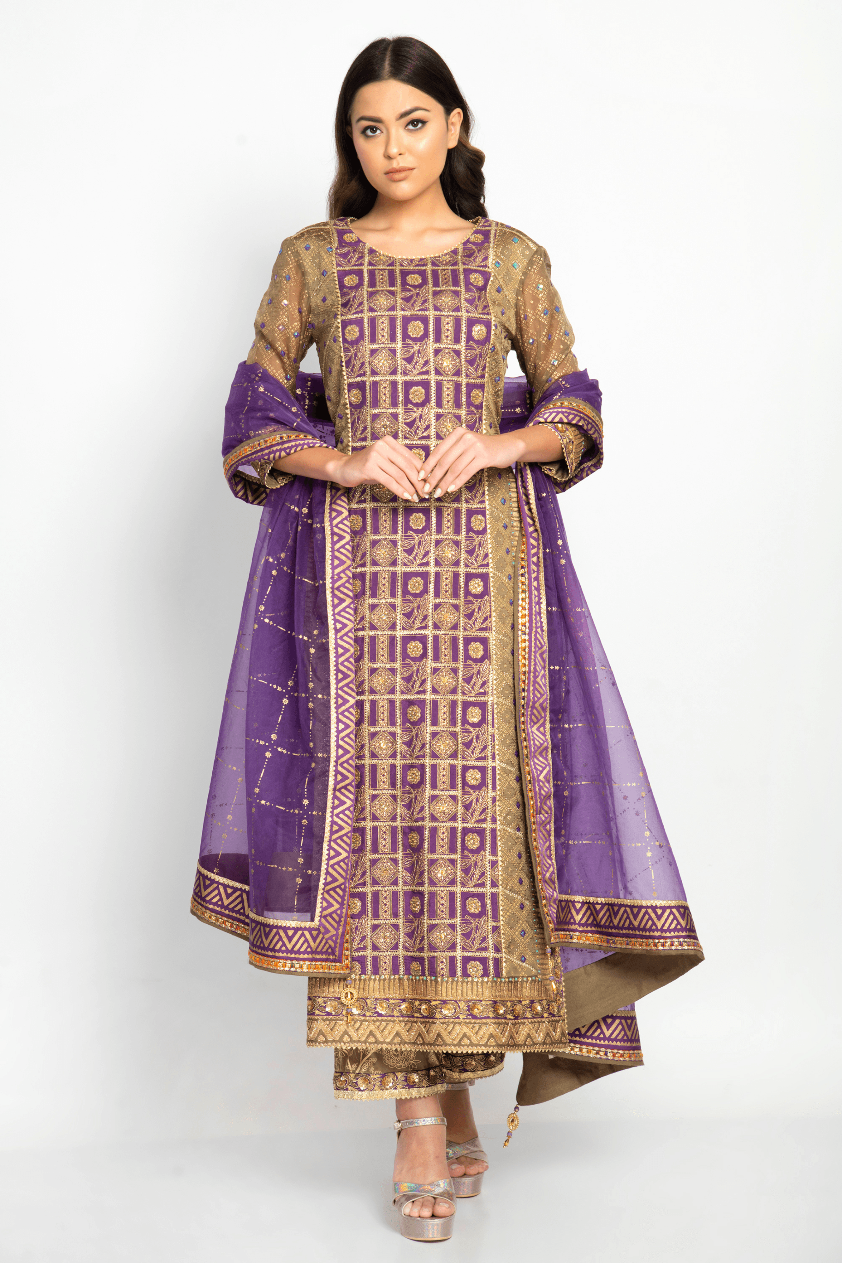 Purvi Kurta Set featuring a vibrant bridal kurta with intricate beadwork, paired with luxurious gold foil pants by Moledro.