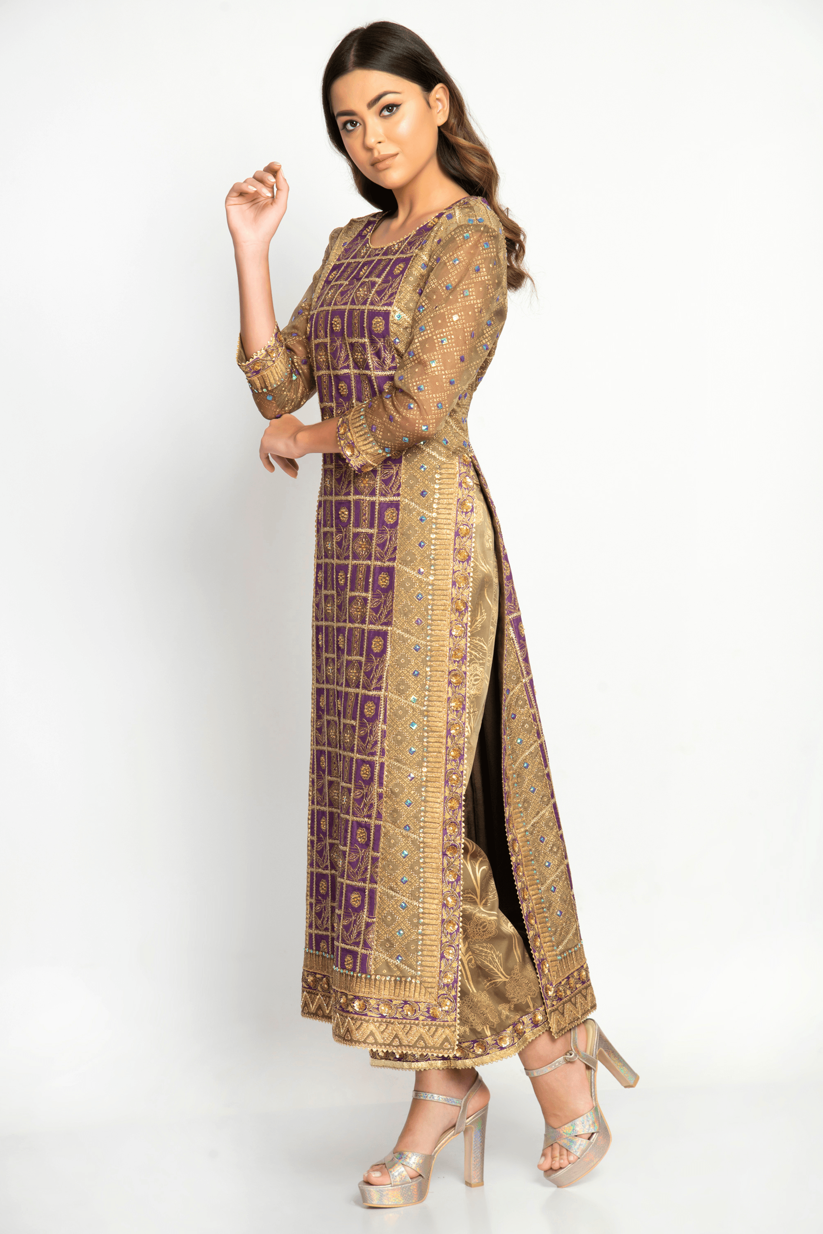 Side profile of the Purvi Kurta Set highlighting its bold design, festive details, and traditional elegance.