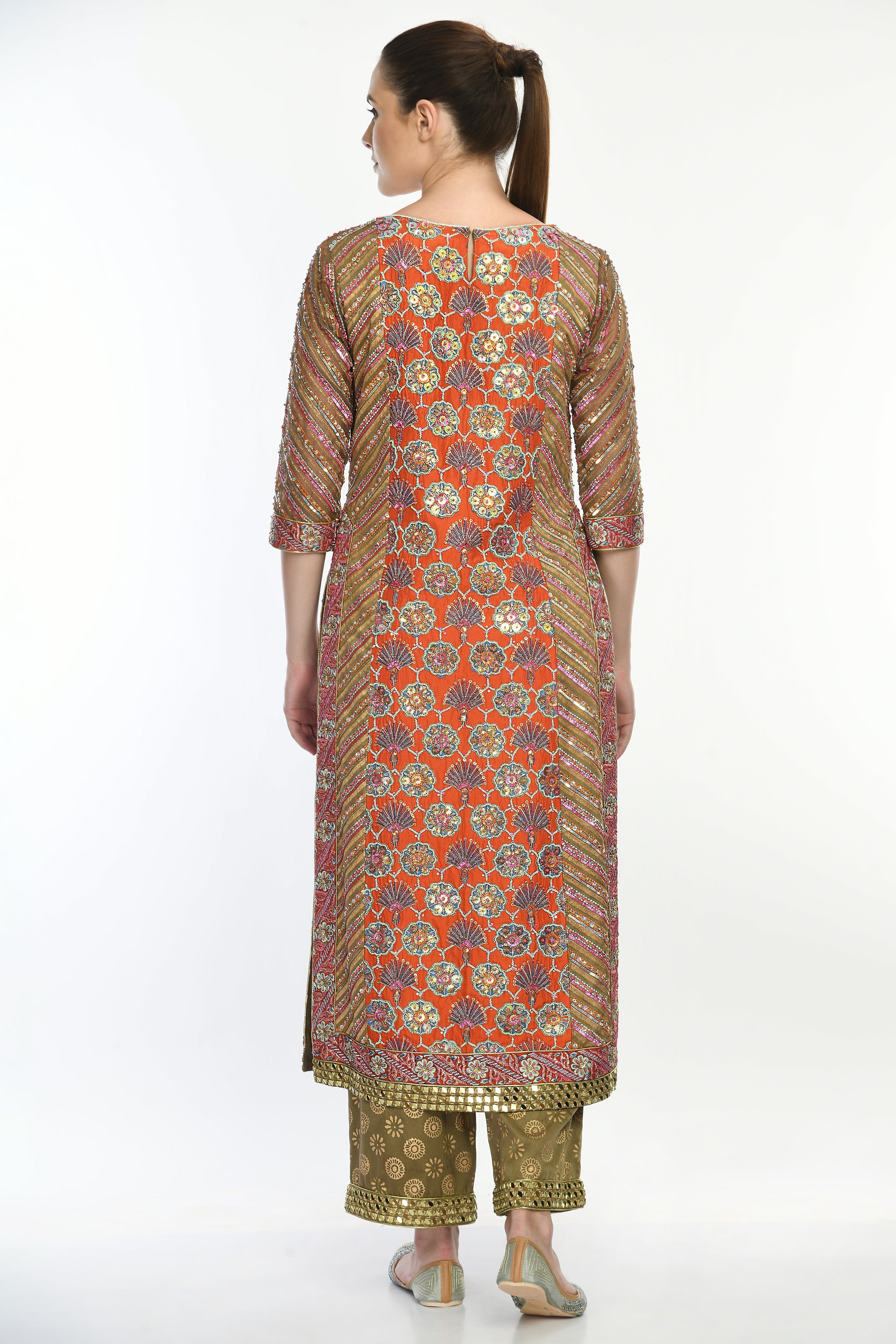 Back profile of the Saanjh Kurta Set showcasing intricate embroidery and a flowy, elegant silhouette. Designer Indian Bridal Wear Shahpur Jat.