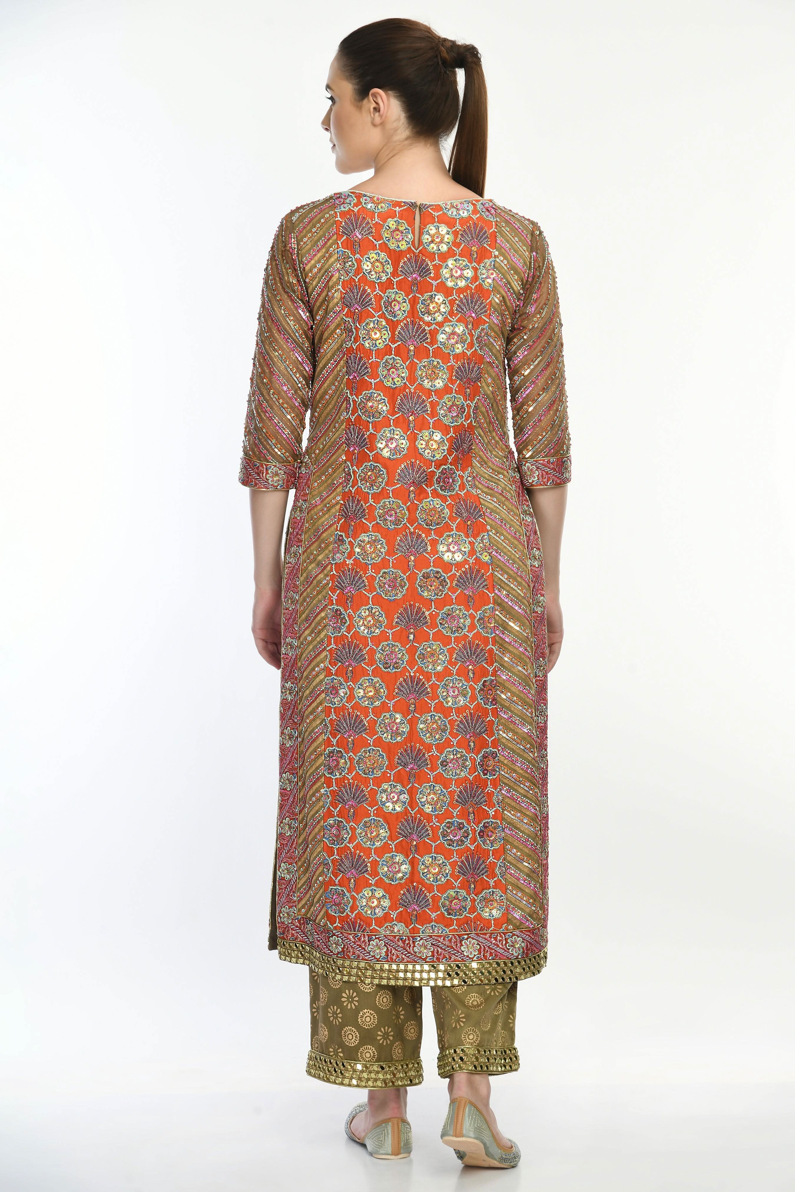 Back profile of the Saanjh Kurta Set showcasing intricate embroidery and a flowy, elegant silhouette. Designer Indian Bridal Wear Shahpur Jat.