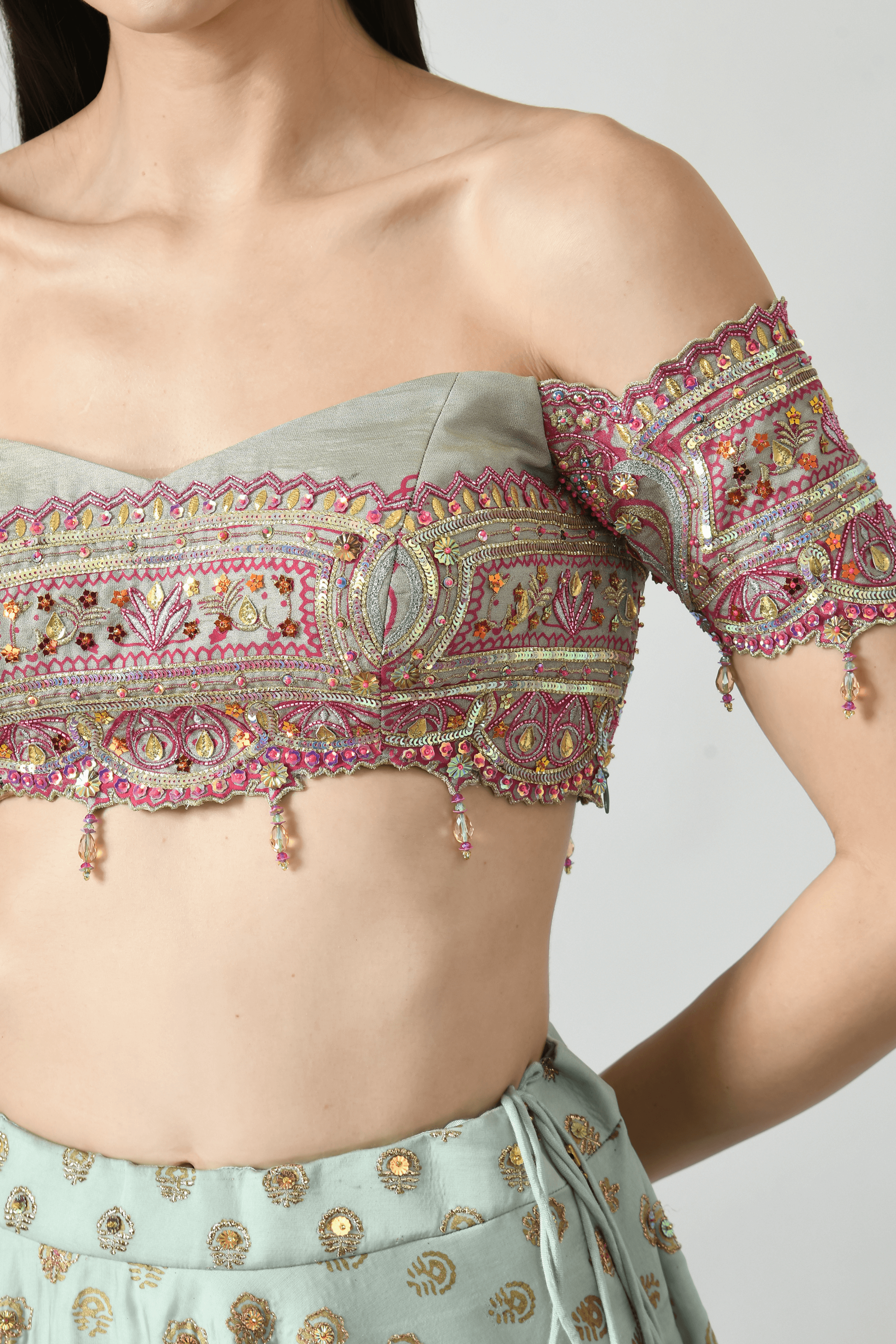 Saima Silk Lehenga set with off-shoulder blouse