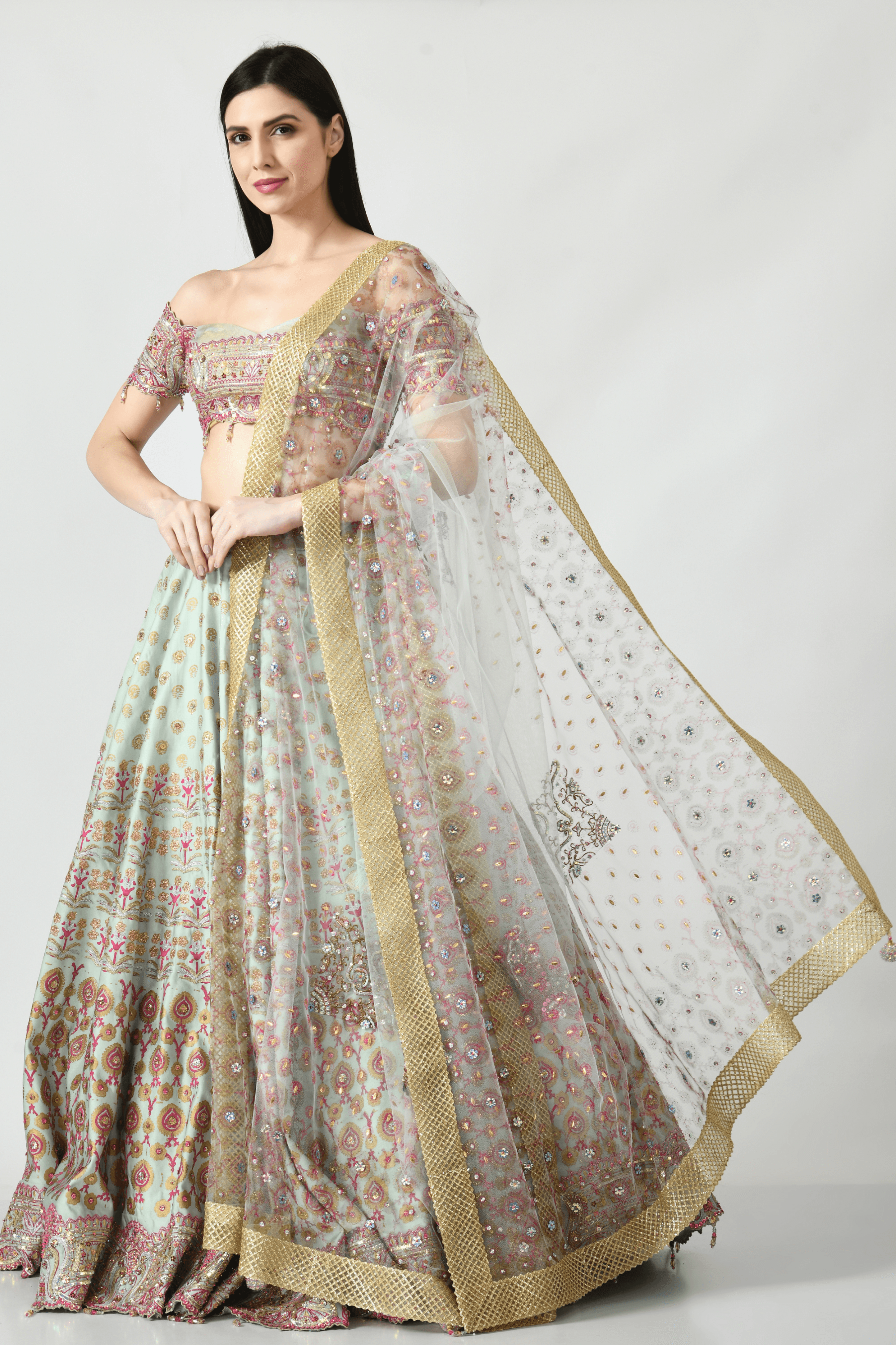 Saima Lehenga Set featuring a stylish blouse, lehenga skirt, and embellished dupatta.