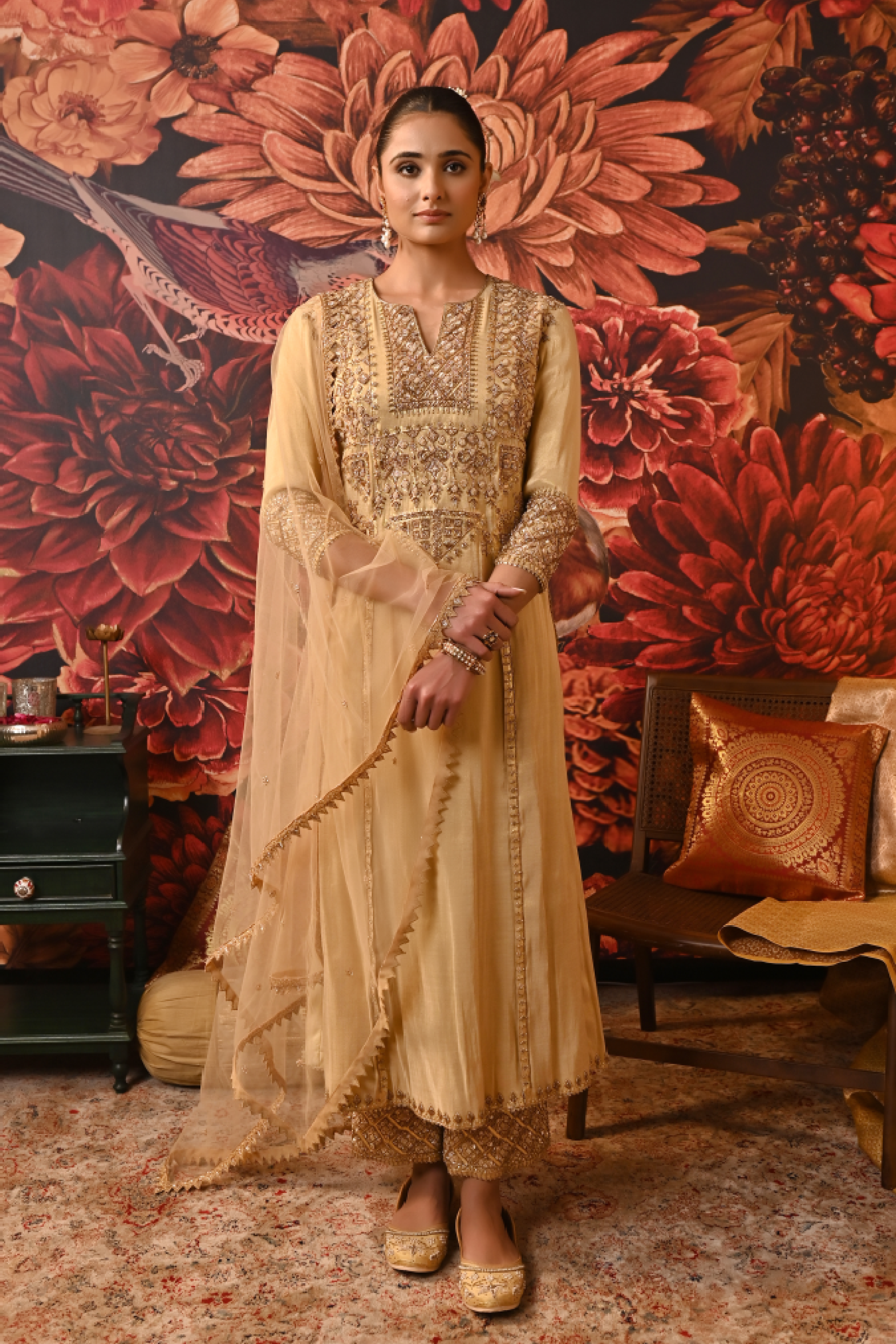 Shira Kurta Set in gold zari brocade with embroidery and gota patti lace, perfect for UAE festive wear