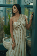Sequined pallu draped elegantly over the shoulder, adding grace to the Zia Saree.