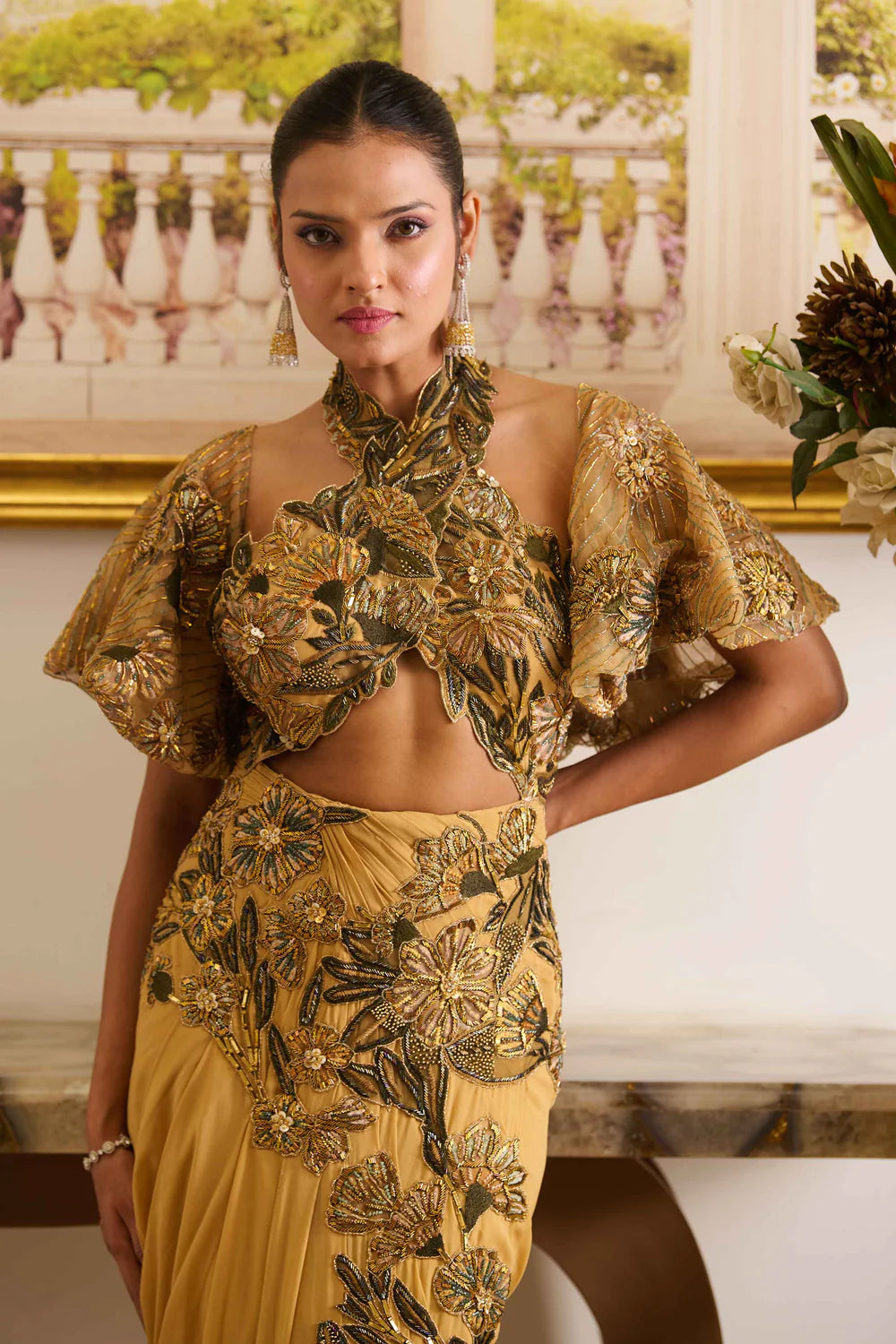 Indo western yellow drape dresses