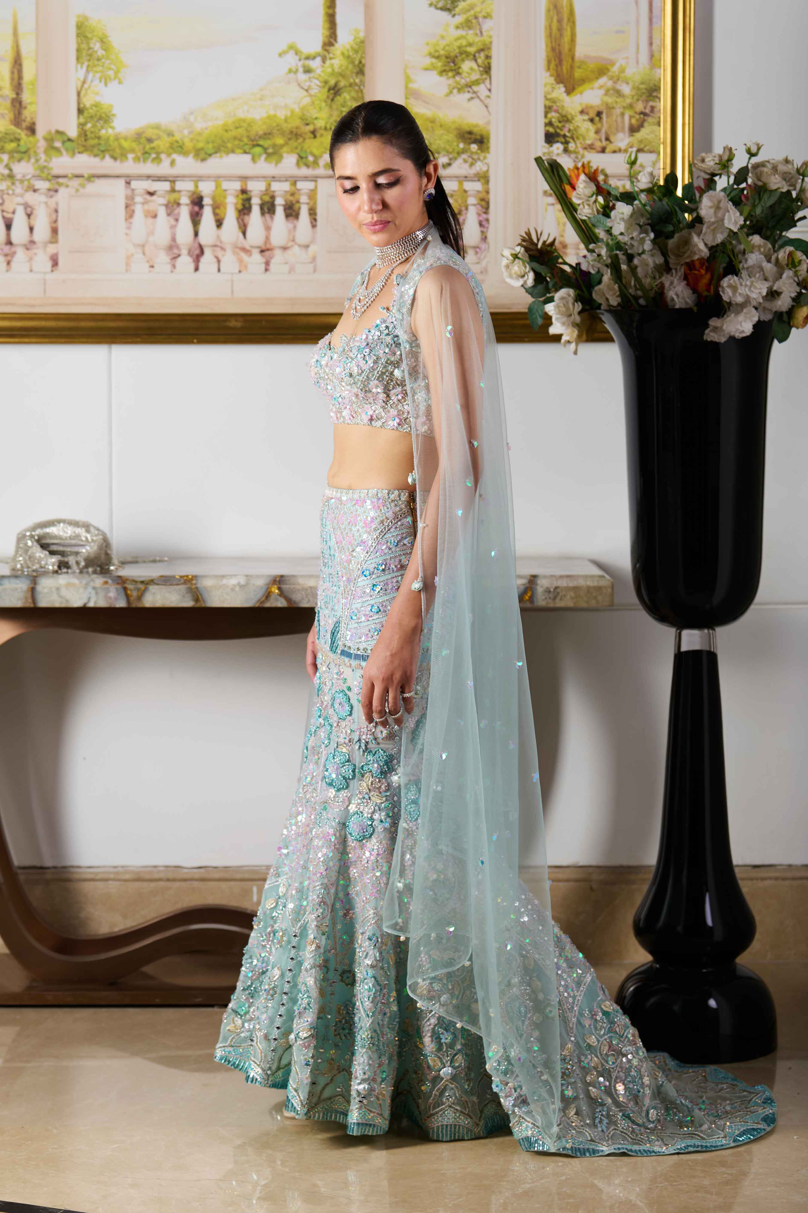 Daria Butterfly Net Lehenga with Sleeveless blouse
