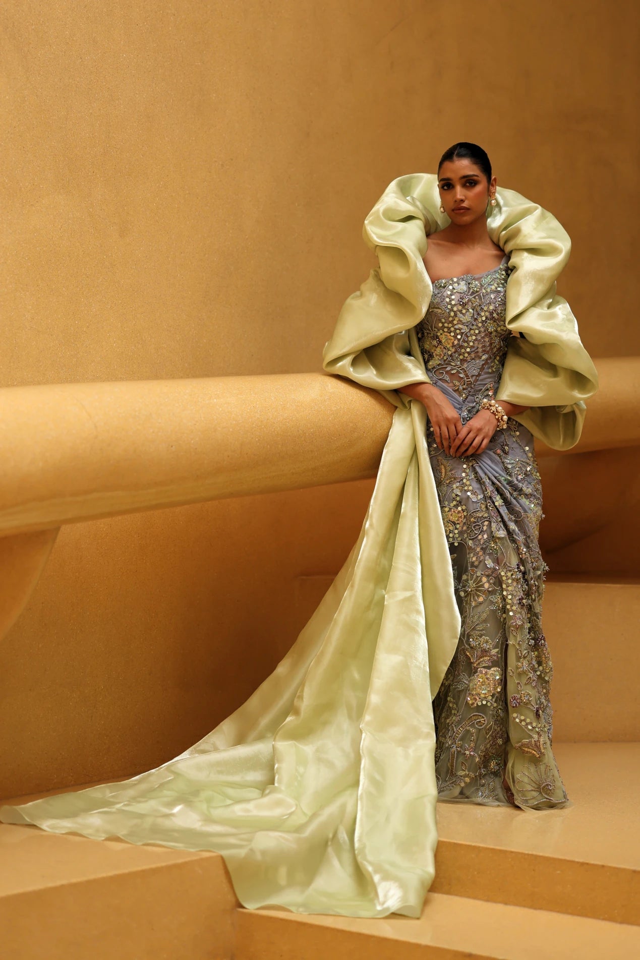 Embroidery saree drape dress with sleeves