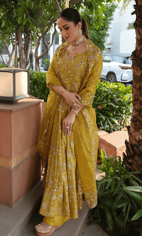 risha Kurta Set by Moledro in lime green with floral embroidery and block prints, ideal for Indian festive wear and weddings