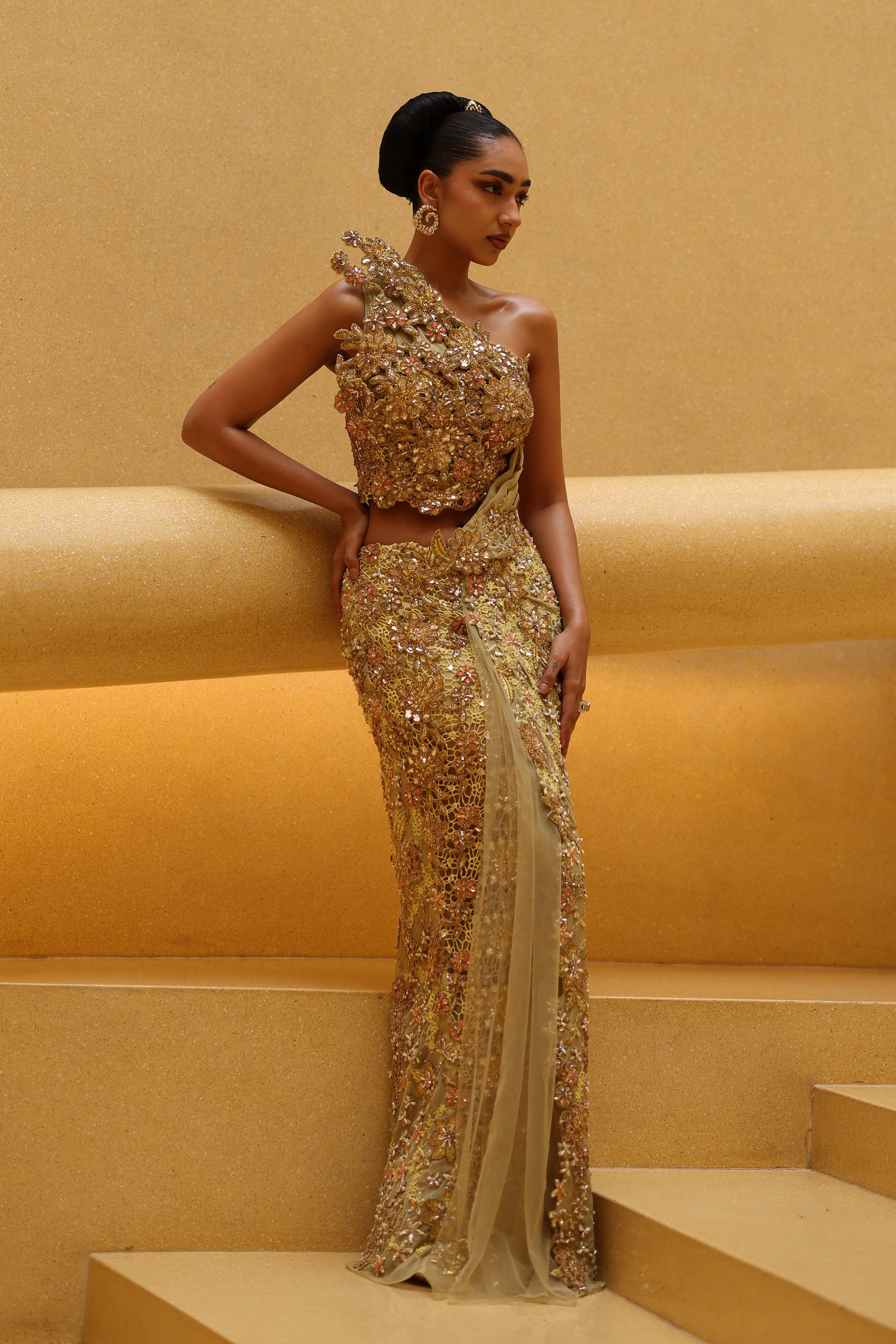 Embroidery Work Designer Gold Color Saree