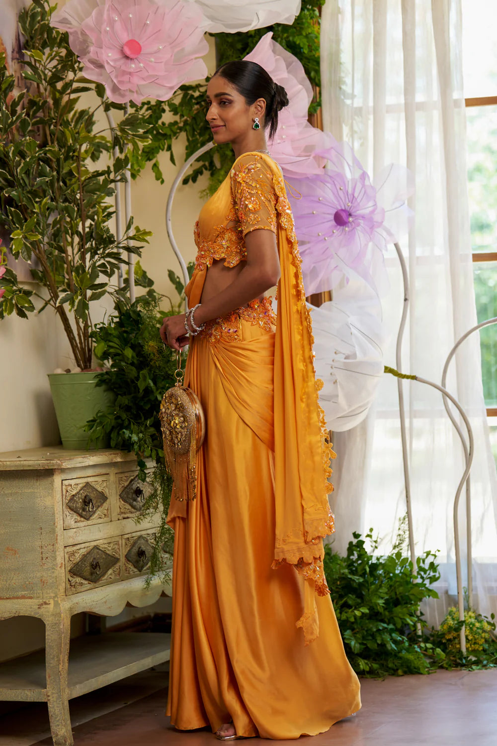Orange Floral Saree for Women