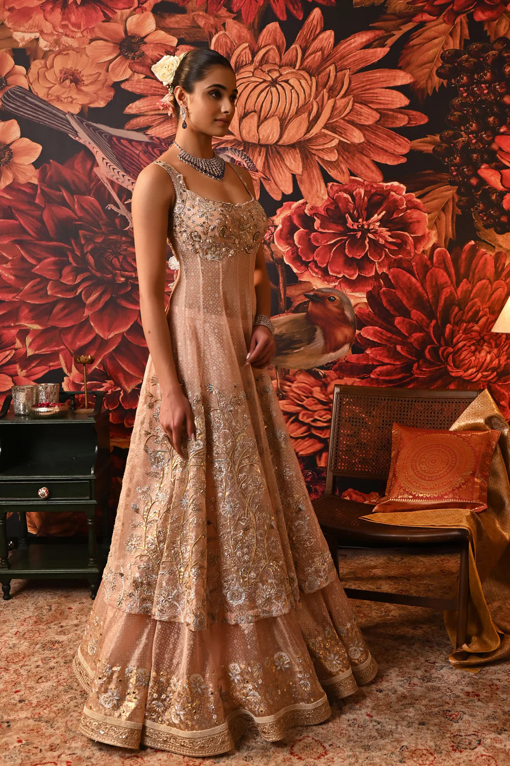 Chah Blush Pink Zari Brocade Gown Dress with Sleeveless
