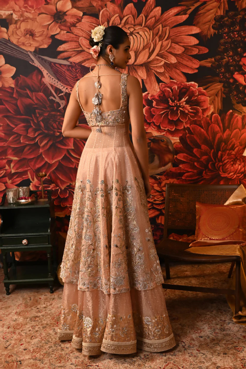 Chah Blush Pink Zari Brocade Gown Dress with Sleeveless