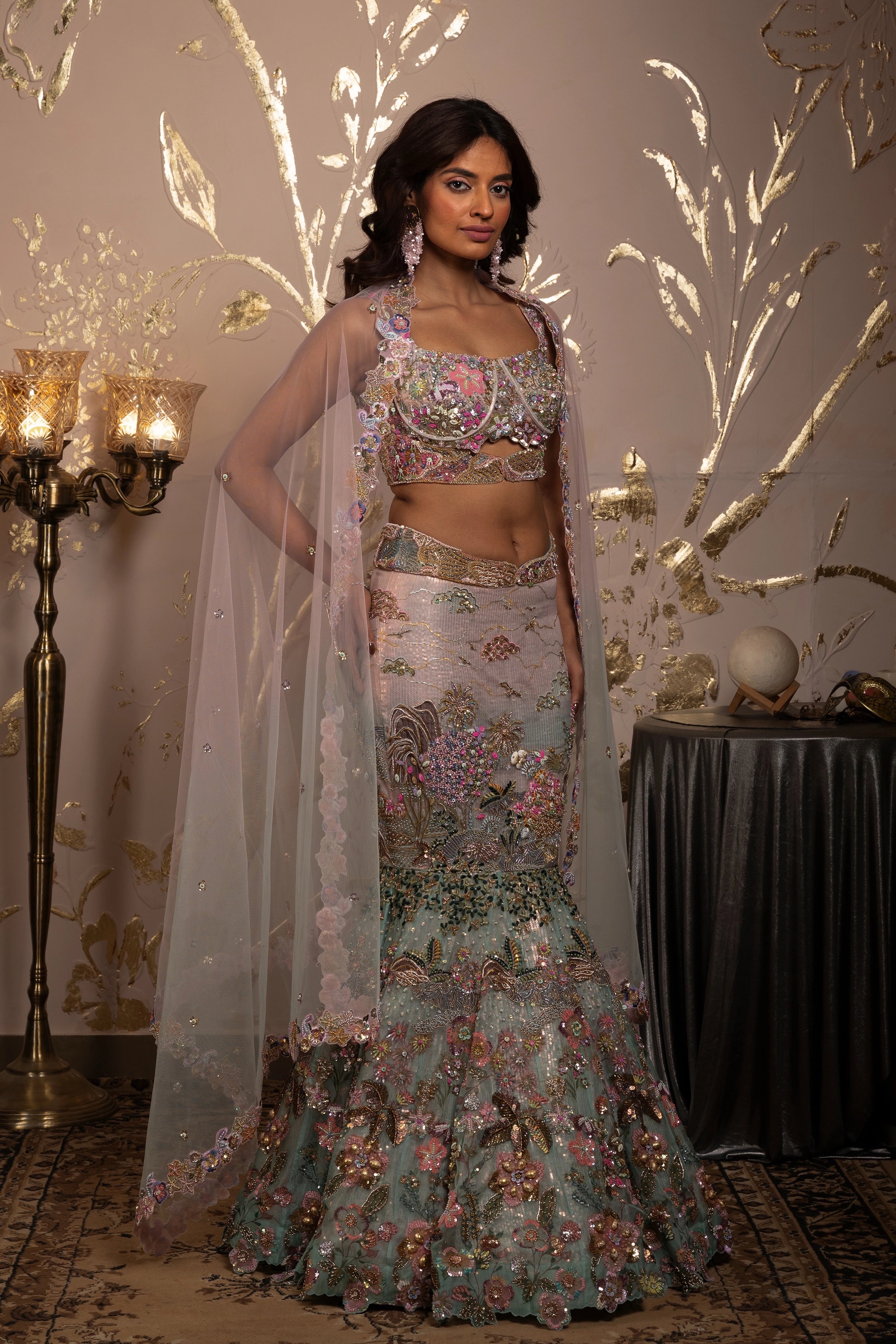 Skirt with pre-stitched Net Dupatta