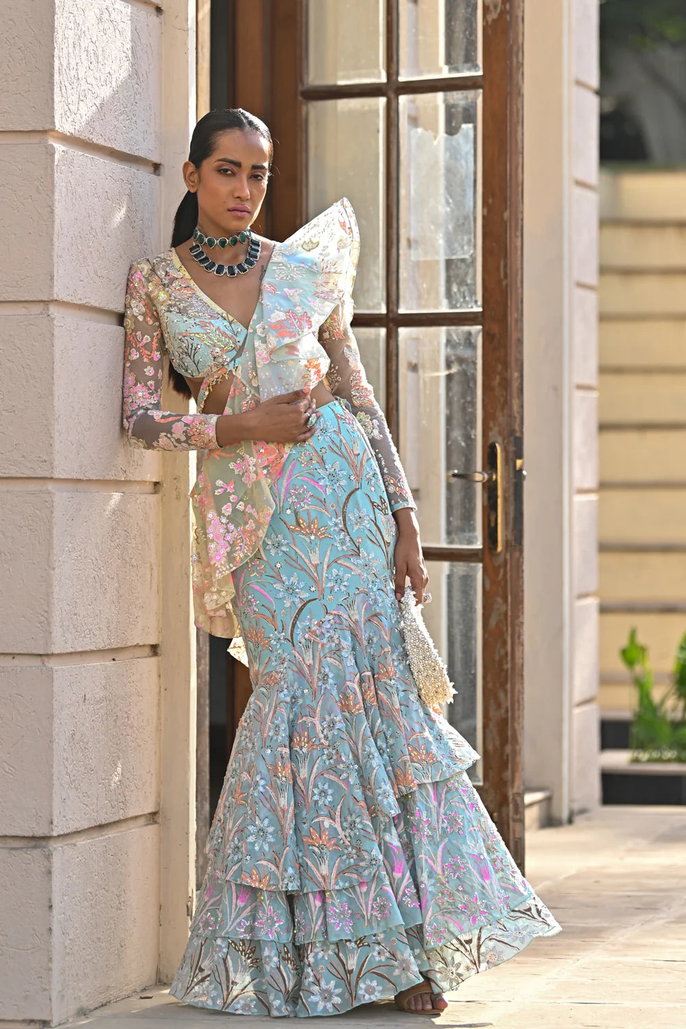 floral blue designer saree dress
