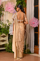 Pre-Stitched Wedding saree with a cold shoulder blouse featuring a back hook closure and detailed embroidery.