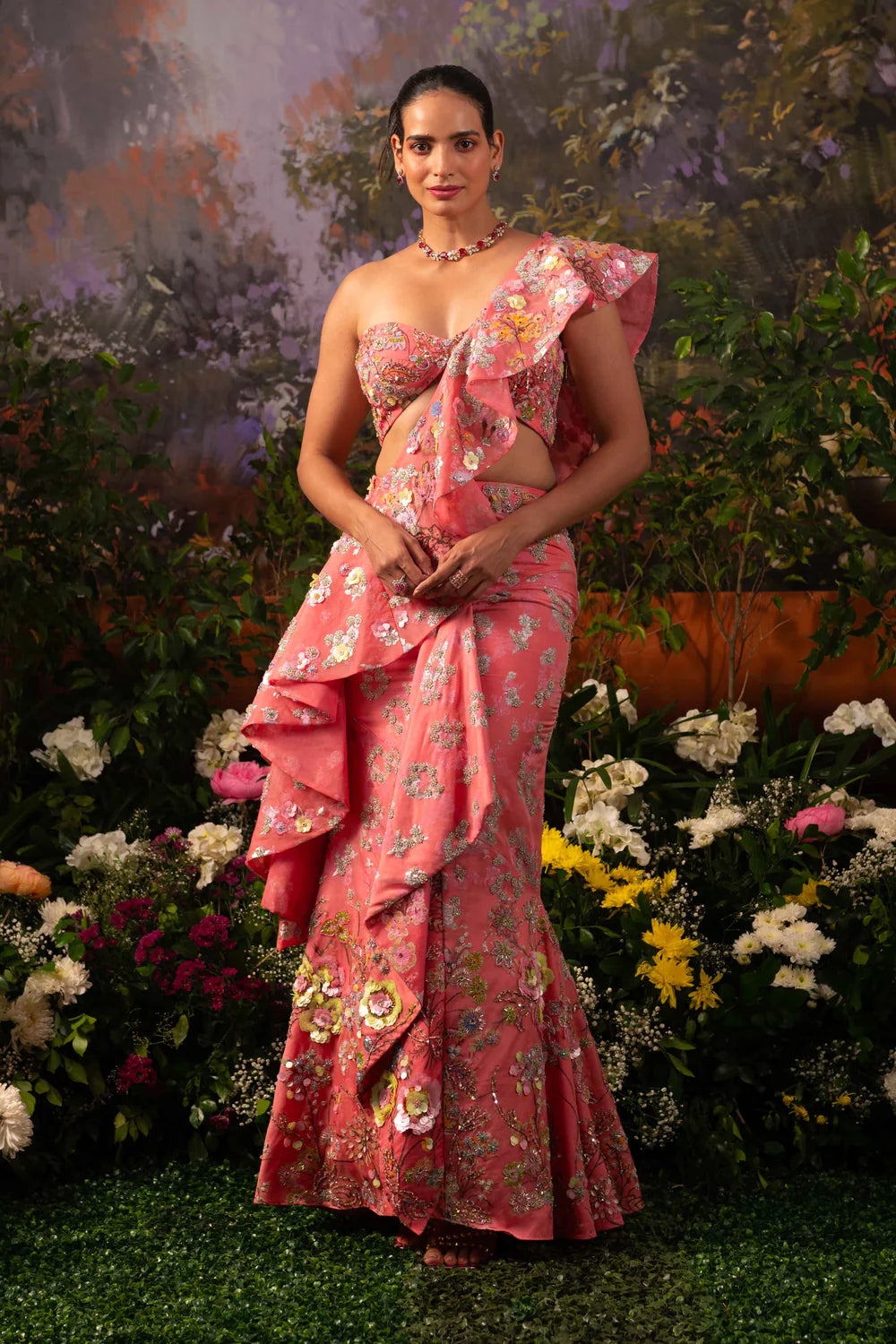 Pink embroidered saree dress for women