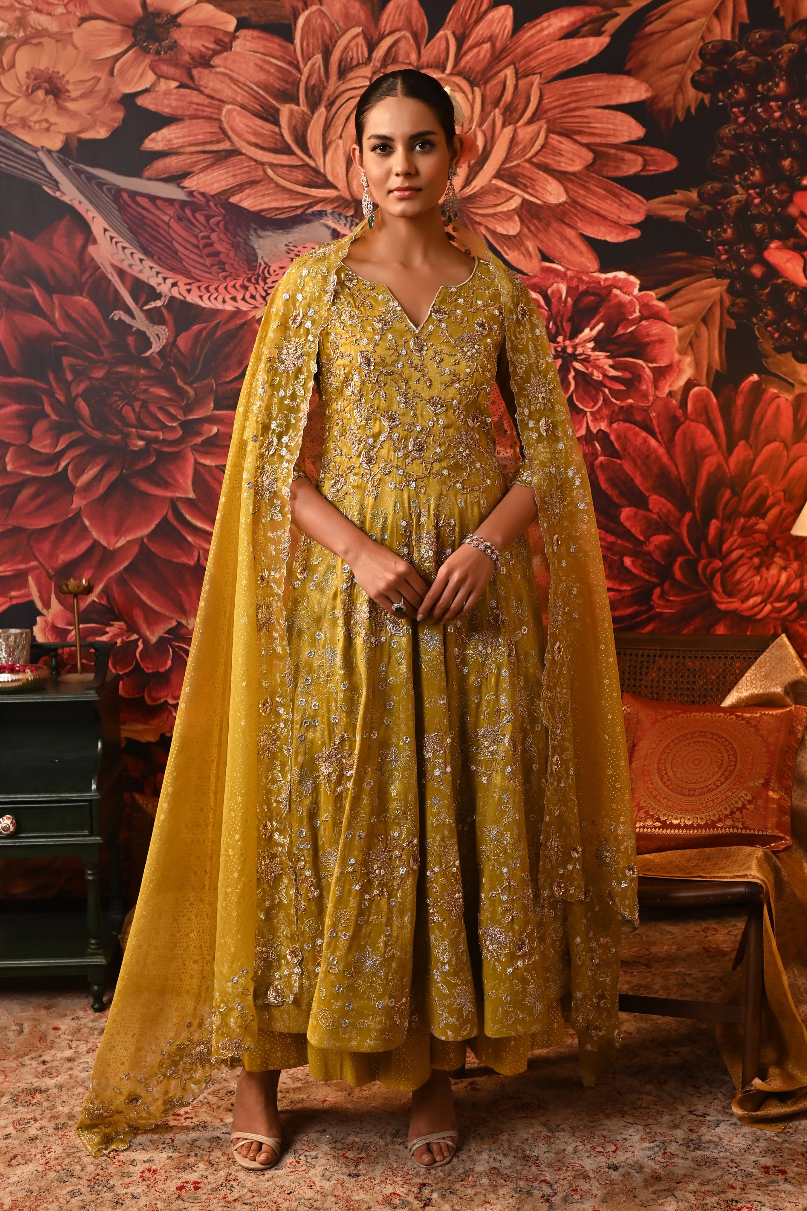 Complete Arisha Kurta Set by Moledro featuring an embroidered kurta, palazzo pants, and organza dupatta, perfect for weddings and celebrations